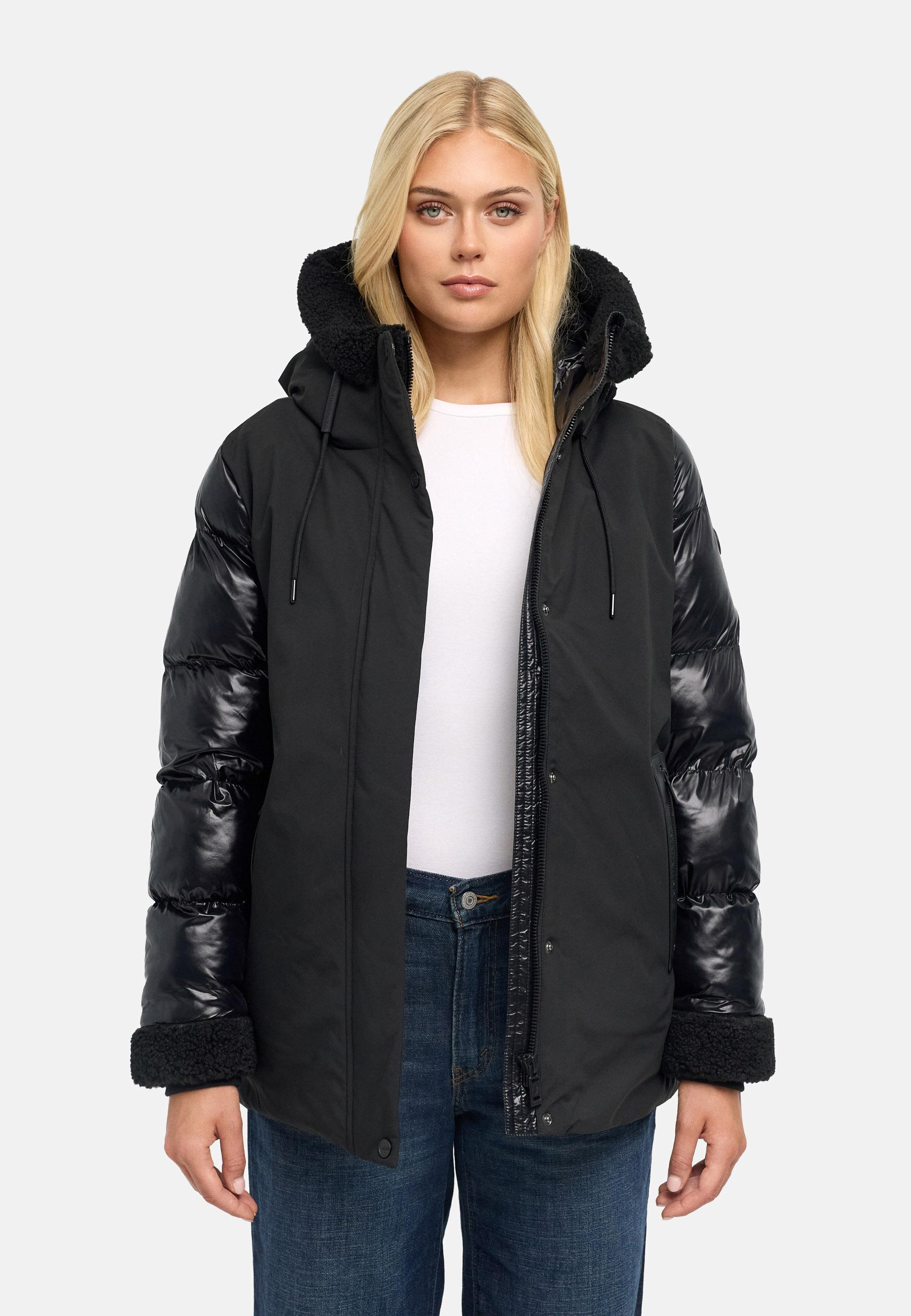 Warme Jacke mit Teddy-Kunstfell Details "Herzschmelz 14" Black