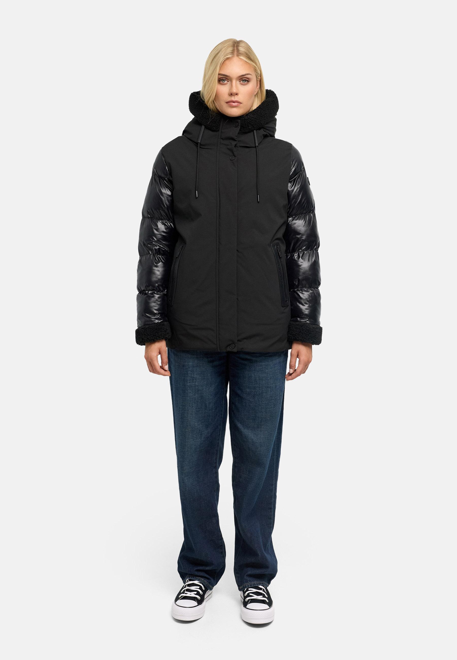 Warme Jacke mit Teddy-Kunstfell Details "Herzschmelz 14" Black