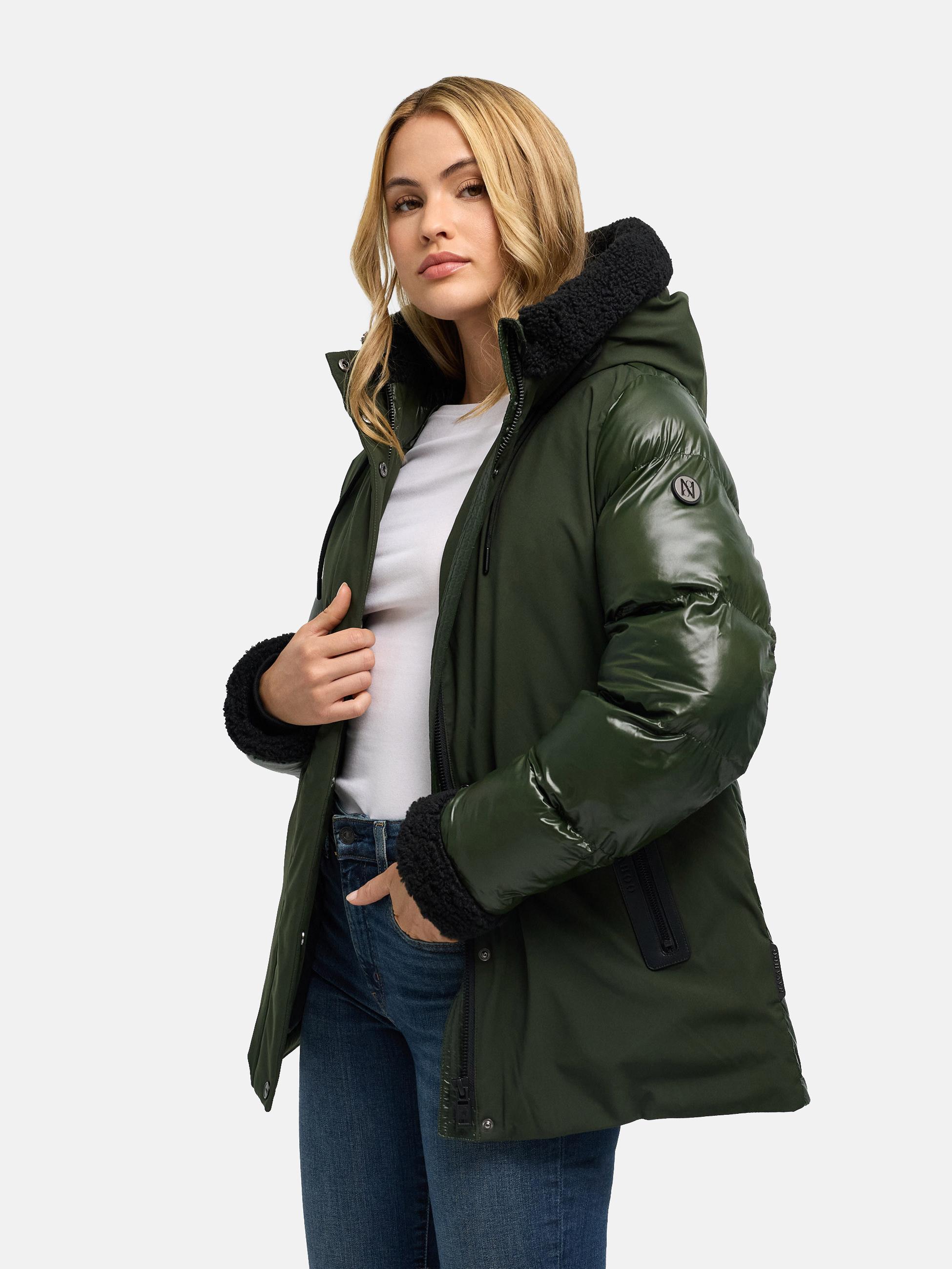 Warme Jacke mit Teddy-Kunstfell Details "Herzschmelz 14" Dark Olive