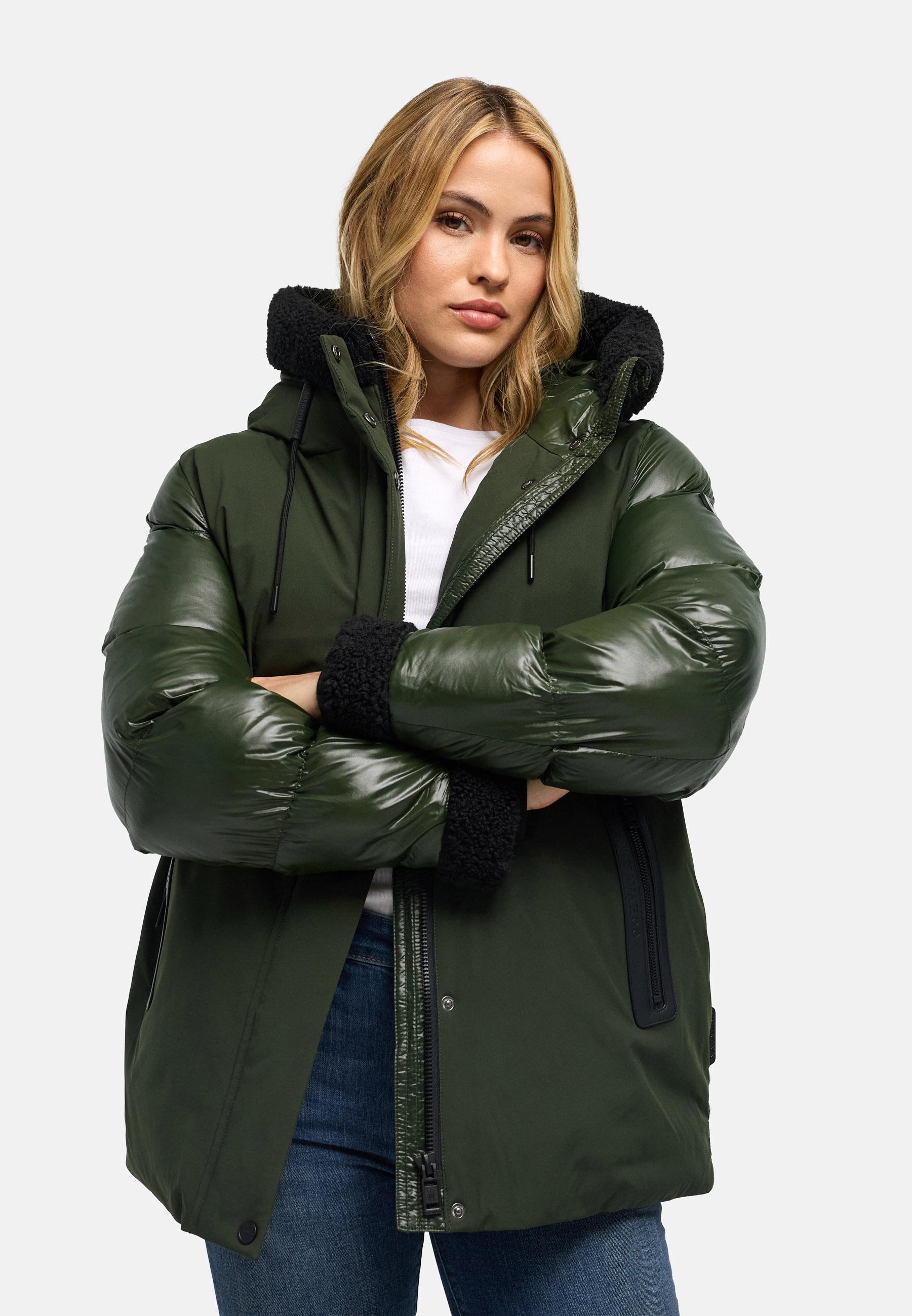 Warme Jacke mit Teddy-Kunstfell Details "Herzschmelz 14" Dark Olive