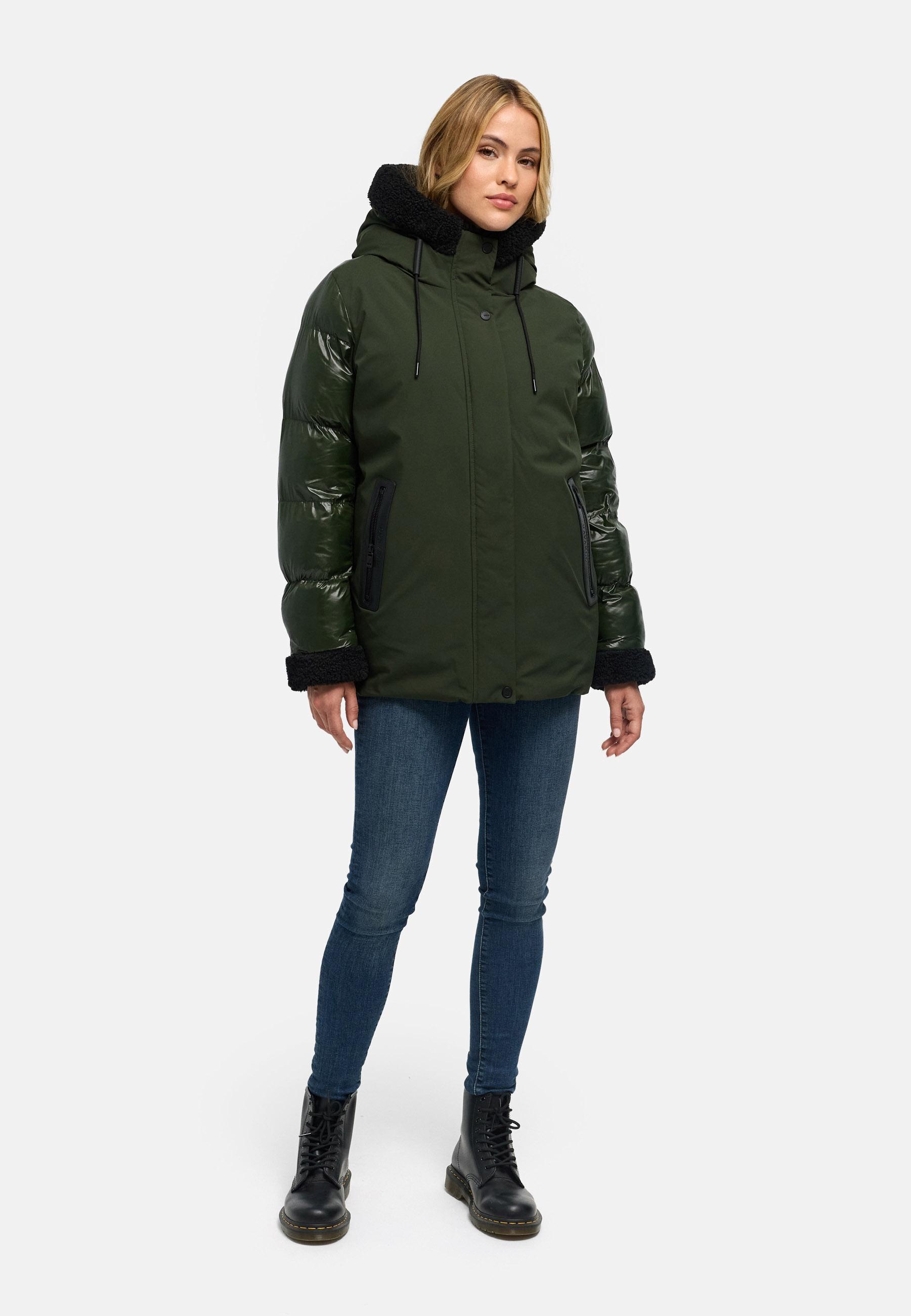 Warme Jacke mit Teddy-Kunstfell Details "Herzschmelz 14" Dark Olive