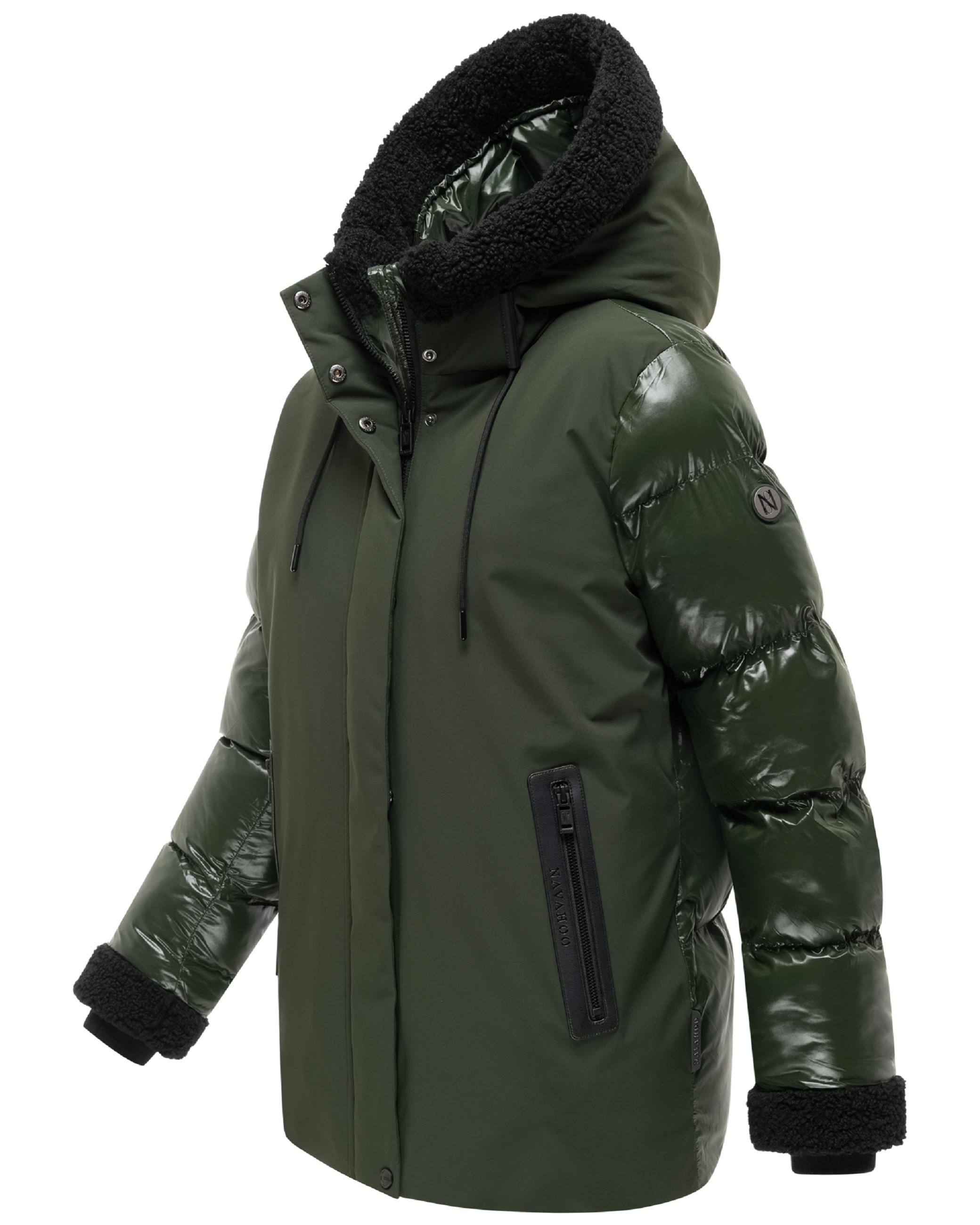 Warme Jacke mit Teddy-Kunstfell Details "Herzschmelz 14" Dark Olive