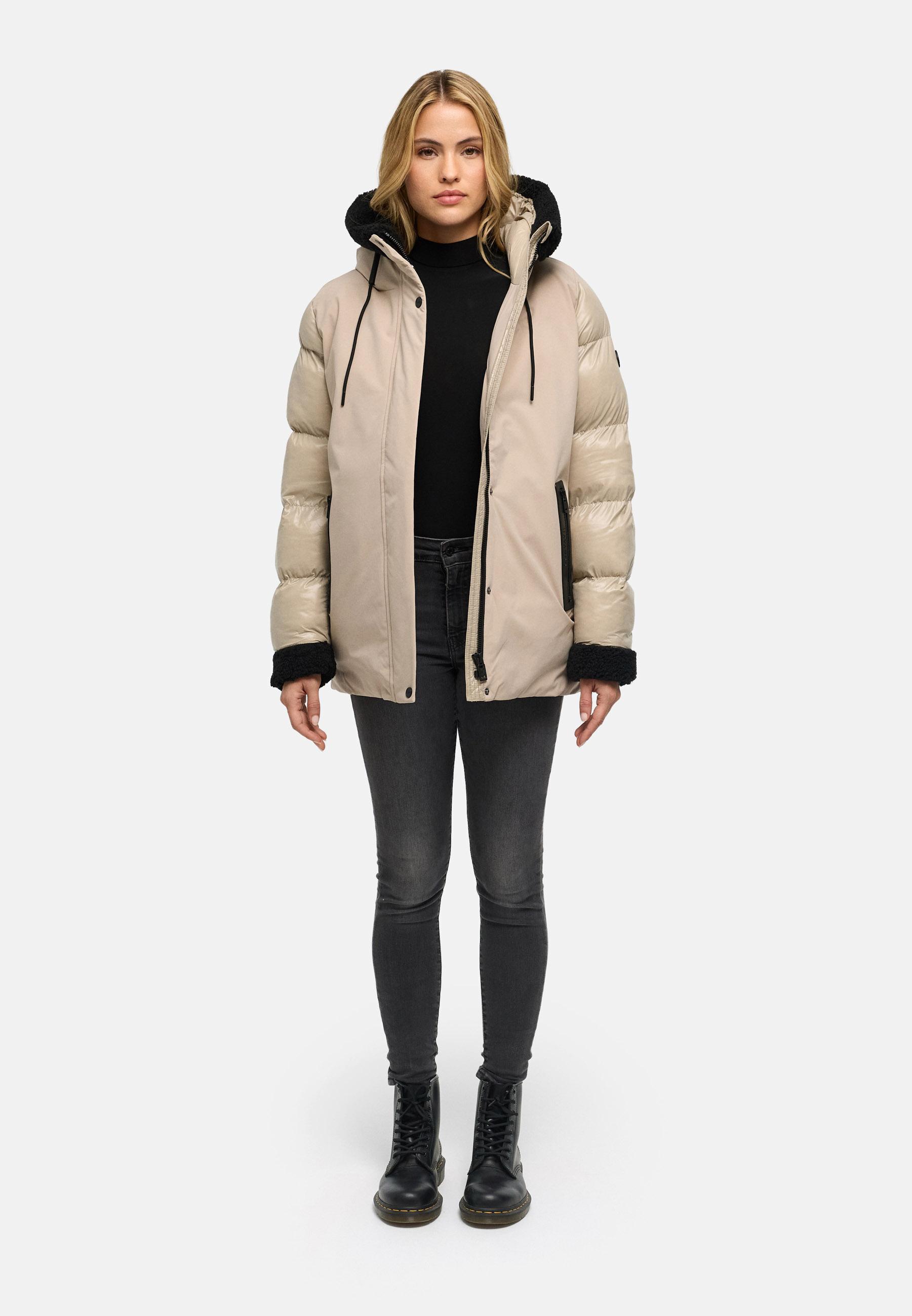 Warme Jacke mit Teddy-Kunstfell Details "Herzschmelz 14" Light Taupe
