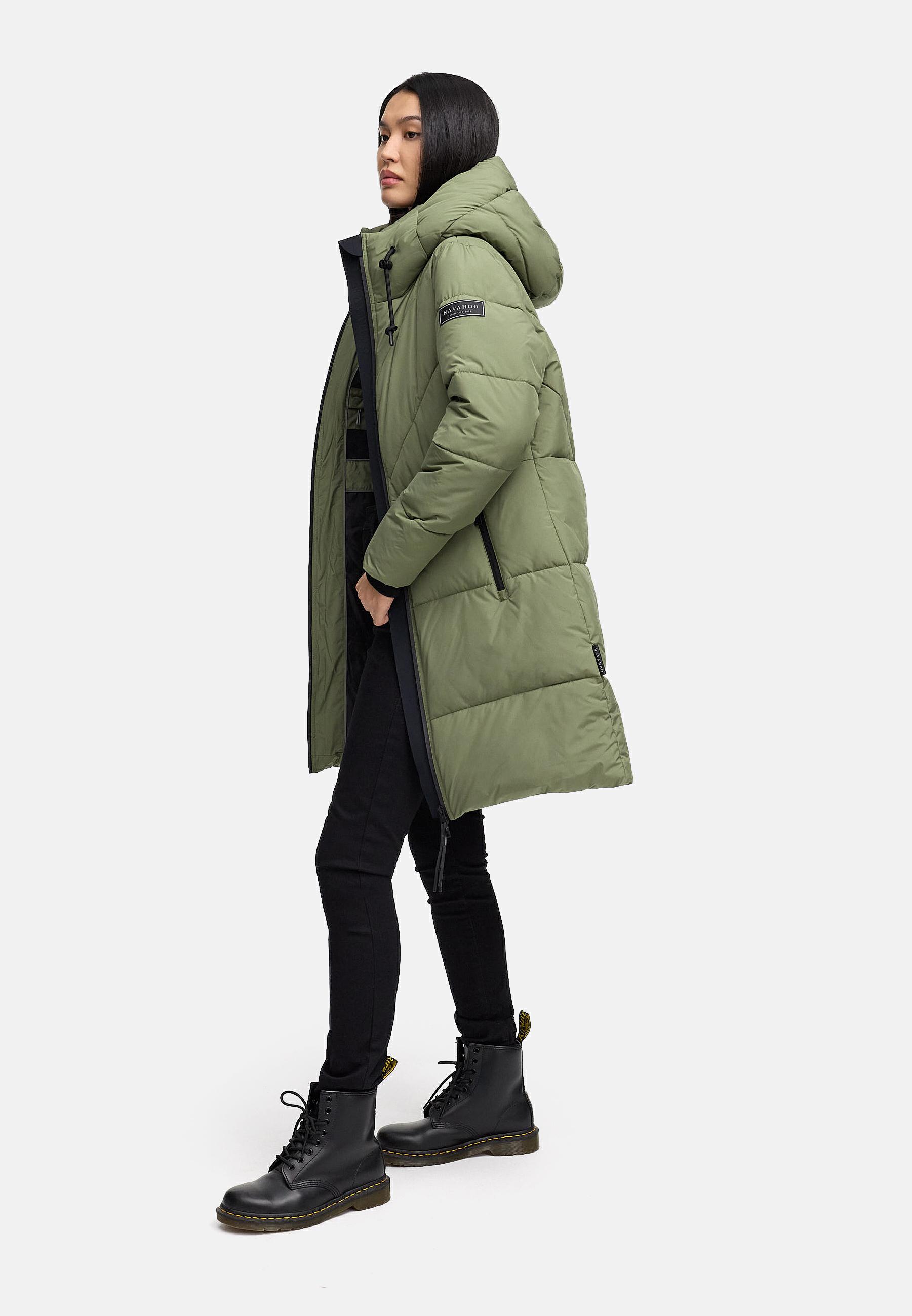 Warmer Steppmantel mit Fleece-gefüttertem Kragen "Kältekuschel XIV" Olive Leaf