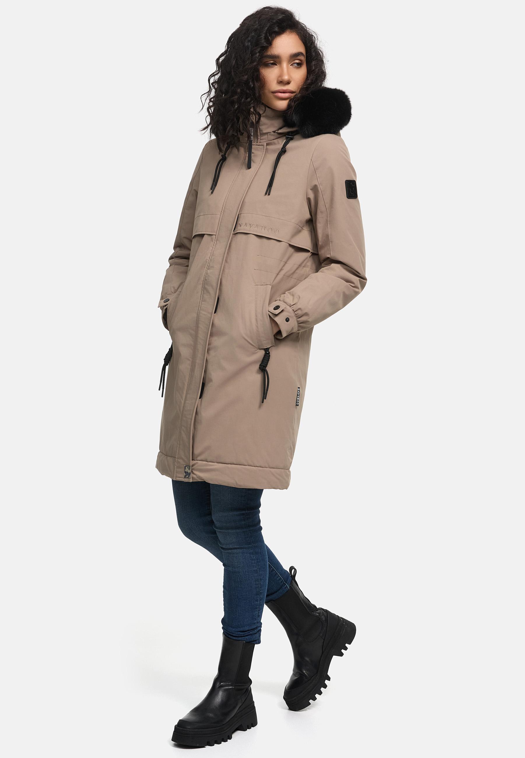 Winter Kurzmantel mit Kapuze und Kunstfell "Kaltwetterretter 14" Taupe Grey