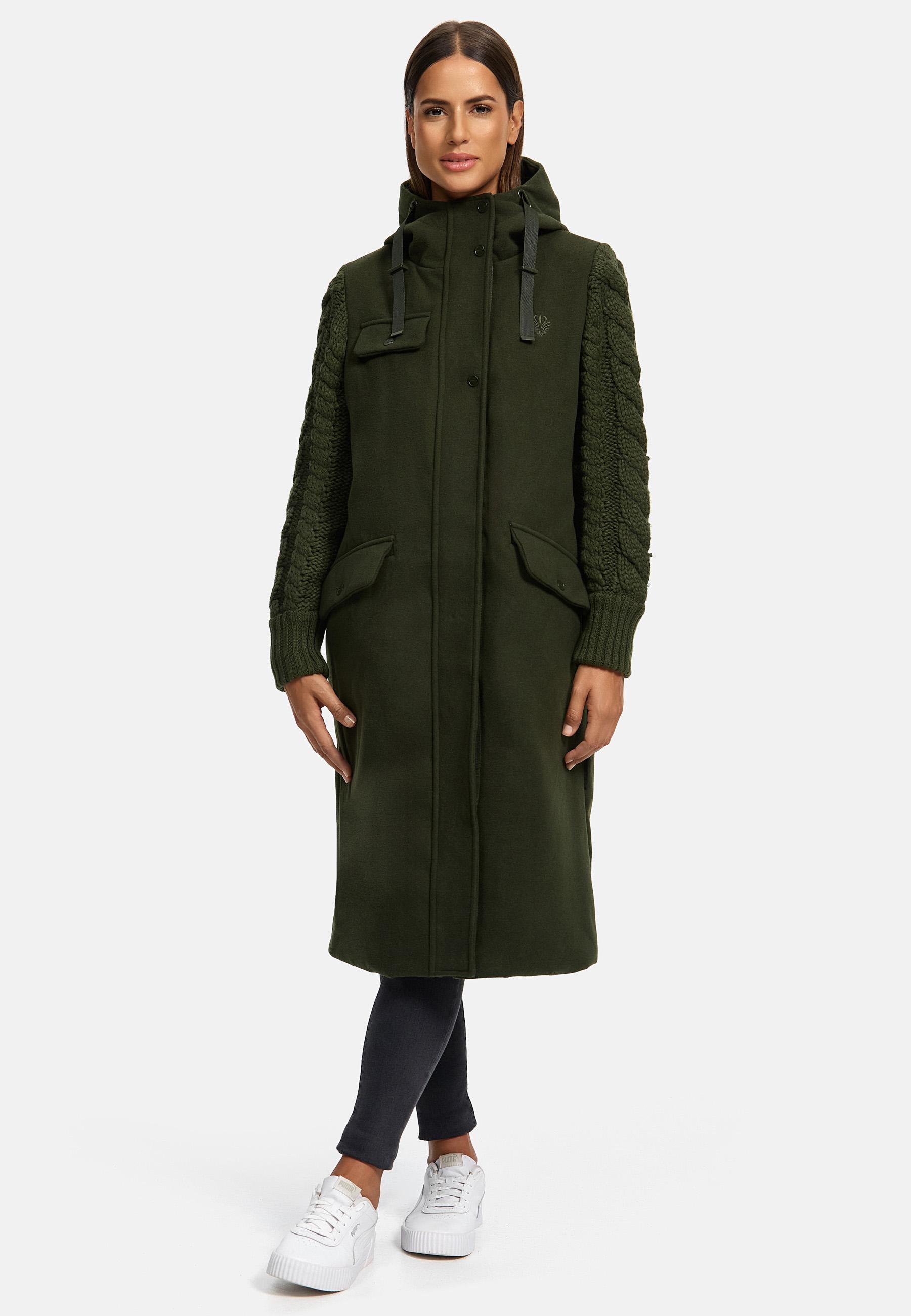 Trenchcoat in Woll-Optik mit Strick-Ärmel "Knit Babe 14" Dark Olive