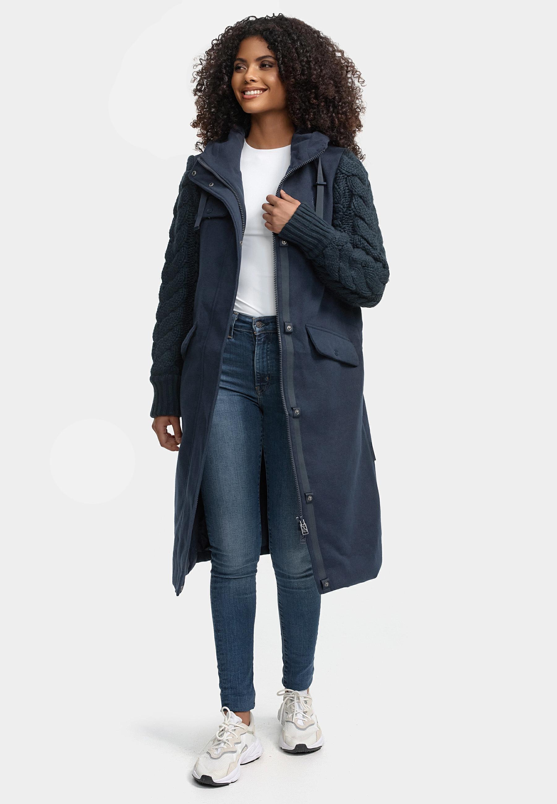 Trenchcoat in Woll-Optik mit Strick-Ärmel "Knit Babe 14" Navy