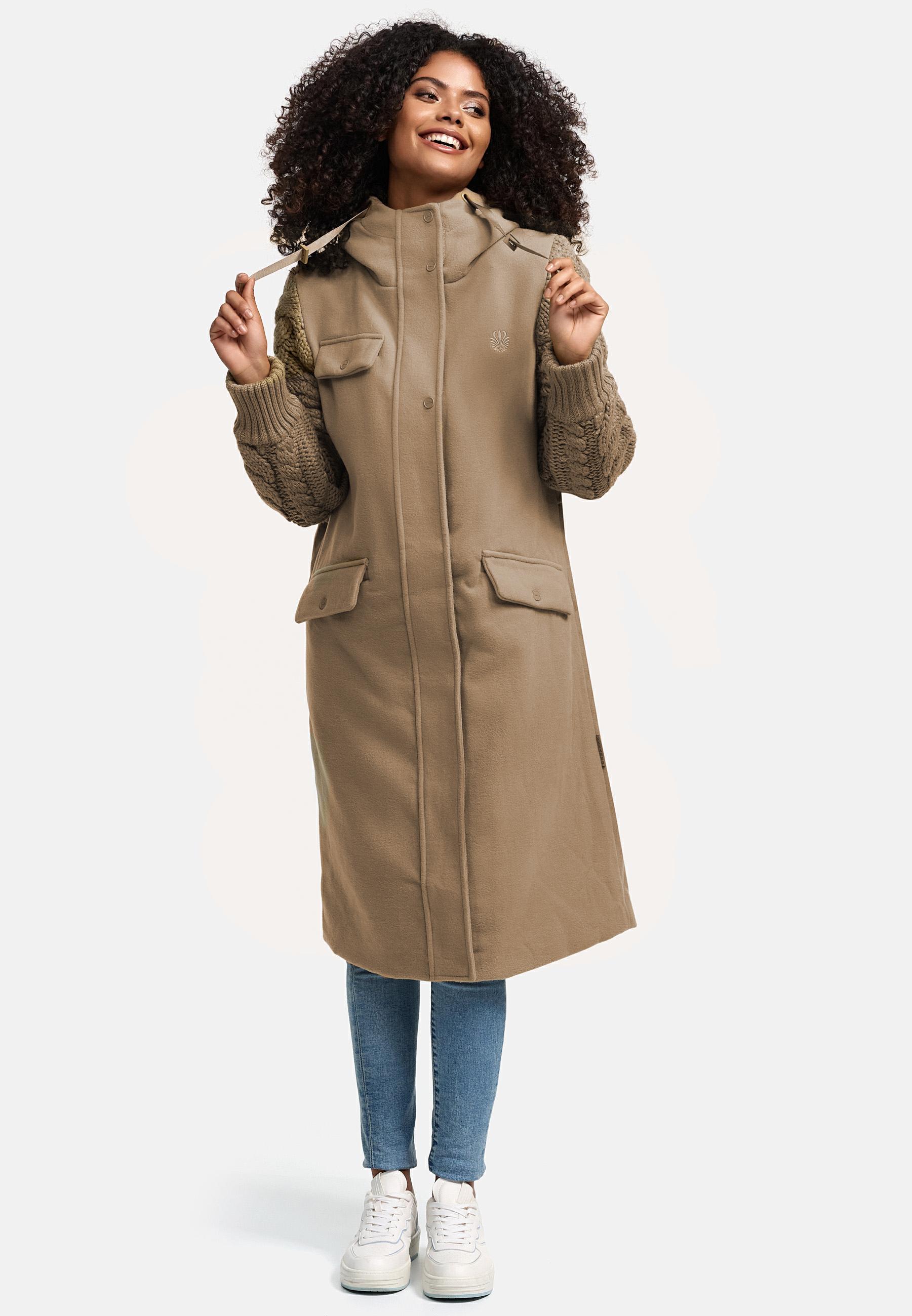 Trenchcoat in Woll-Optik mit Strick-Ärmel "Knit Babe 14" Sand Beige