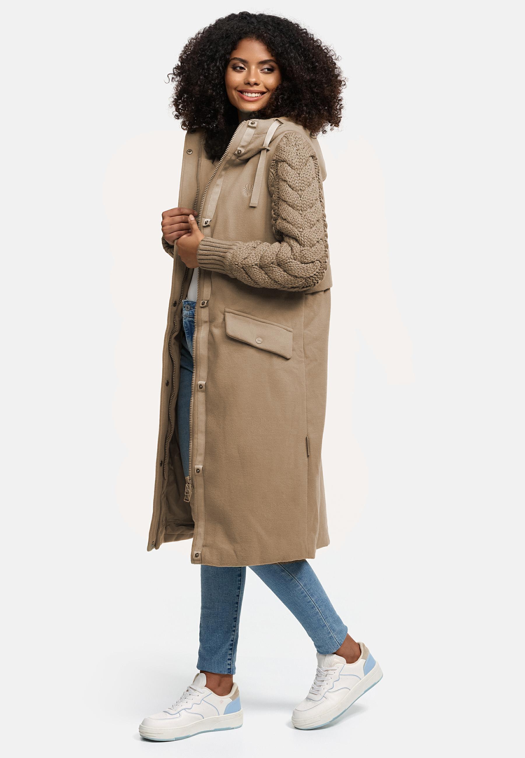 Trenchcoat in Woll-Optik mit Strick-Ärmel "Knit Babe 14" Sand Beige