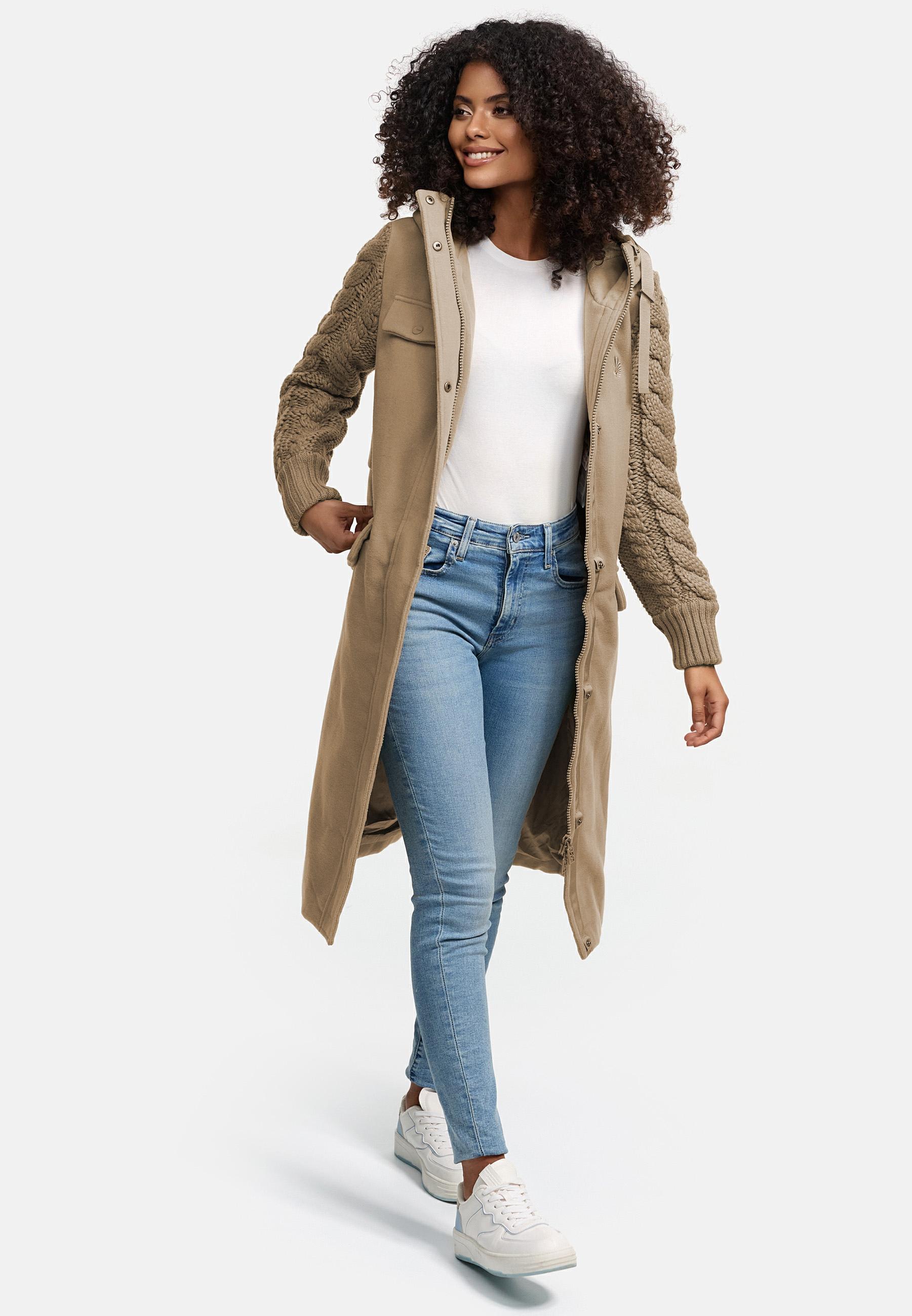 Trenchcoat in Woll-Optik mit Strick-Ärmel "Knit Babe 14" Sand Beige