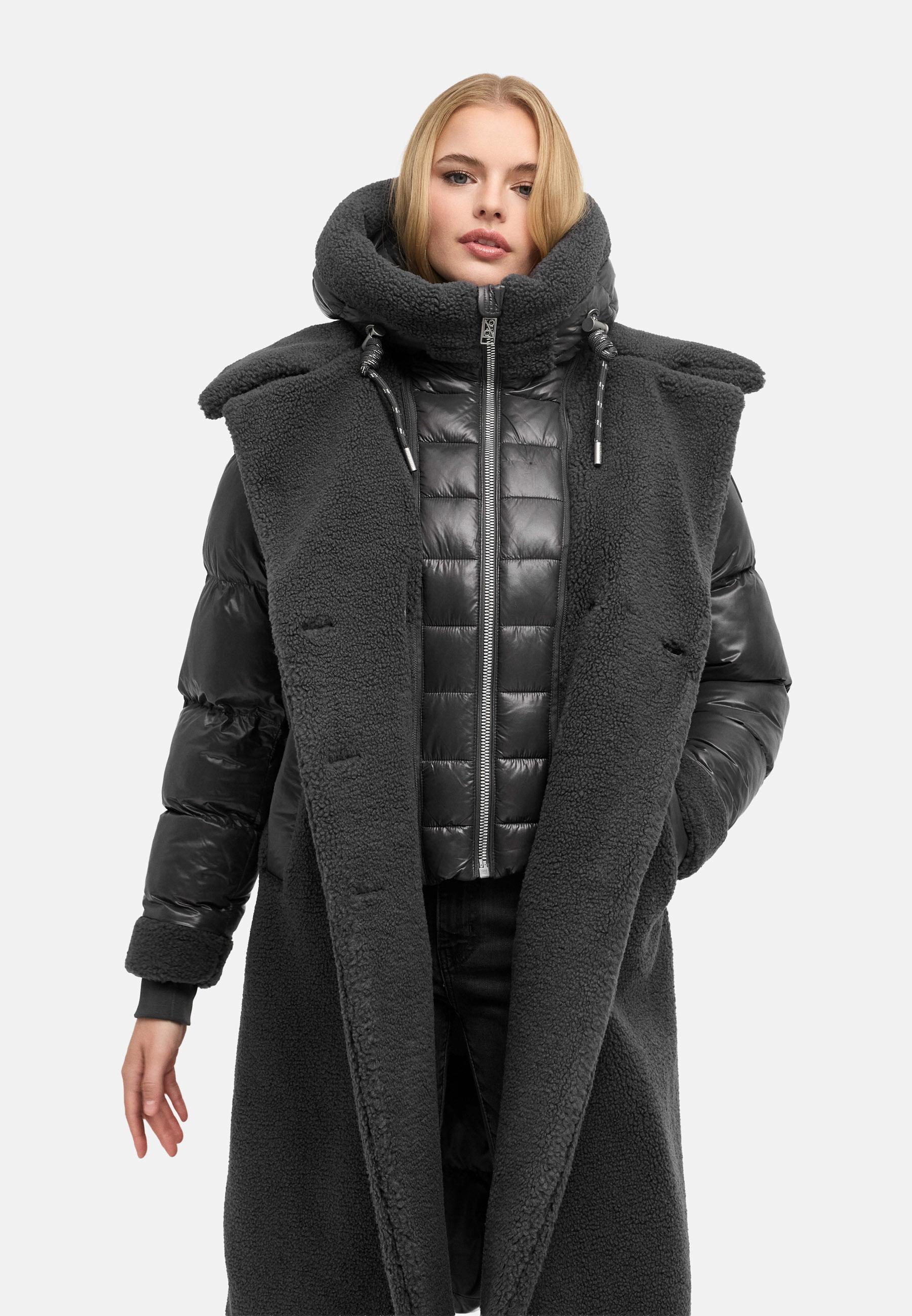 Warmer Materialmix-Mantel Plüschmantel "Kuscheltraum 14" Anthracite