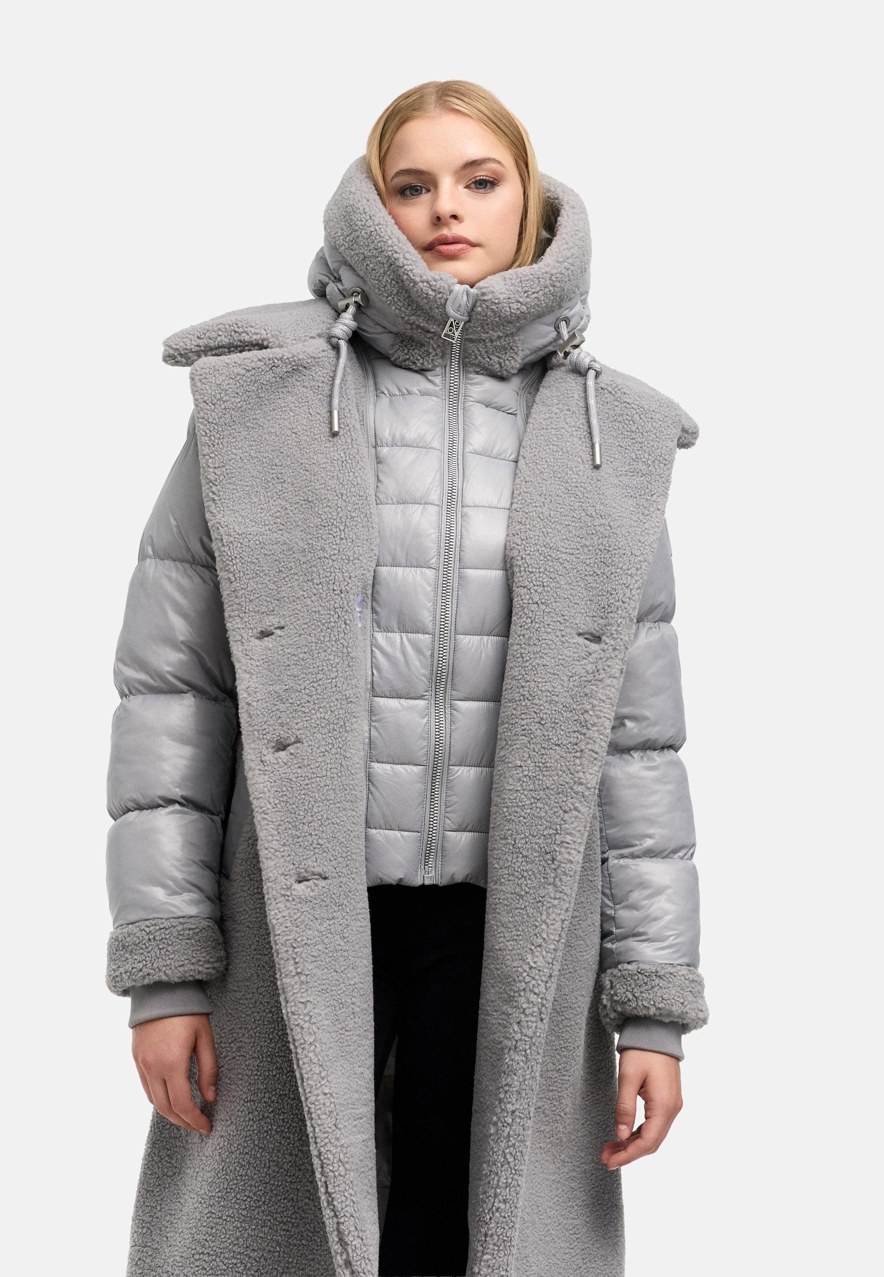 Warmer Materialmix-Mantel Plüschmantel "Kuscheltraum 14" Grey
