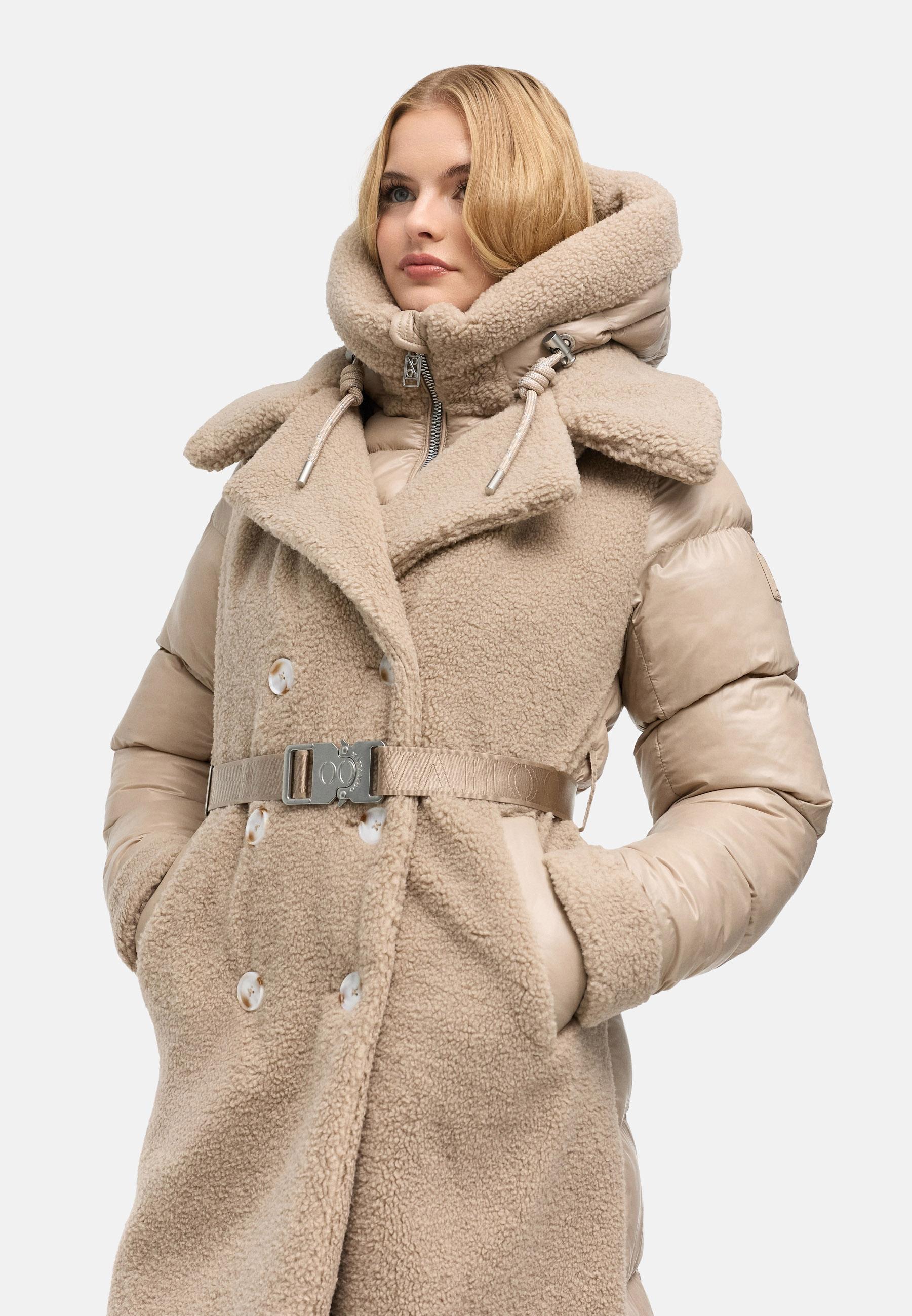 Warmer Materialmix-Mantel Plüschmantel "Kuscheltraum 14" Light Taupe