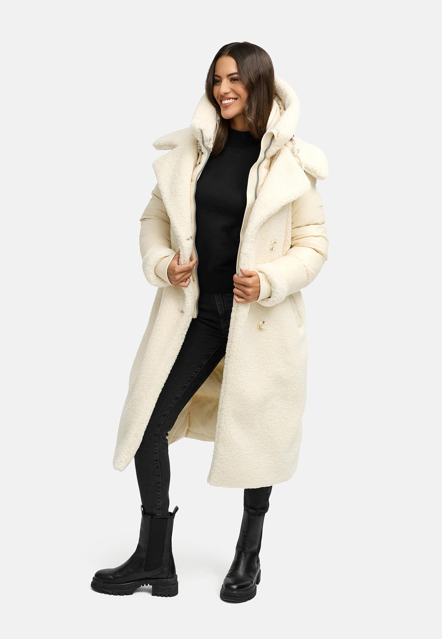 Warmer Materialmix-Mantel Plüschmantel "Kuscheltraum 14" Offwhite