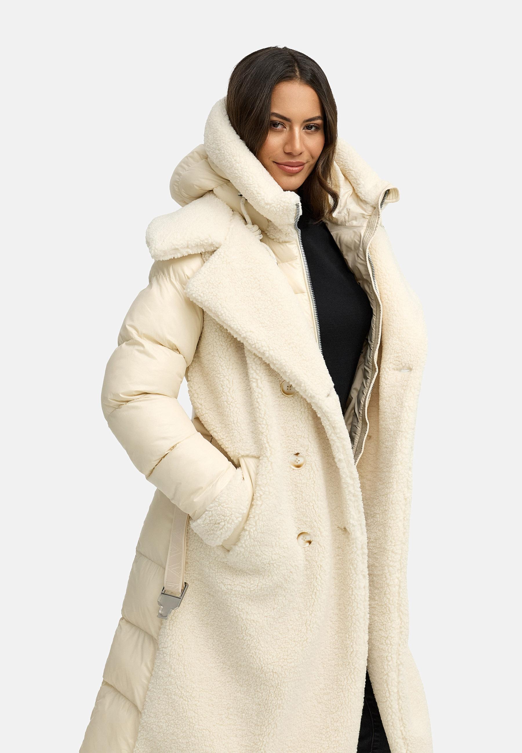 Warmer Materialmix-Mantel Plüschmantel "Kuscheltraum 14" Offwhite
