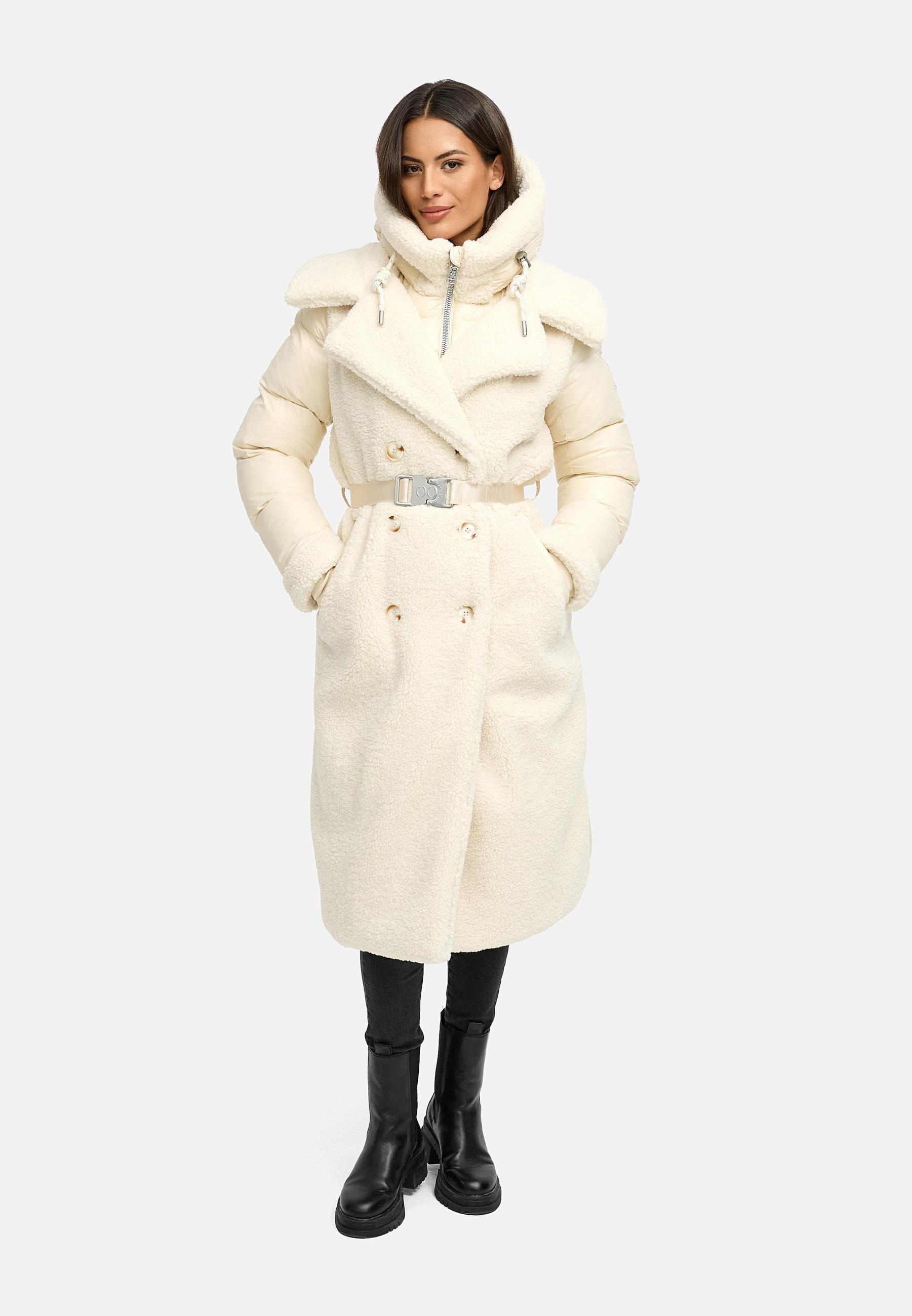 Warmer Materialmix-Mantel Plüschmantel "Kuscheltraum 14" Offwhite