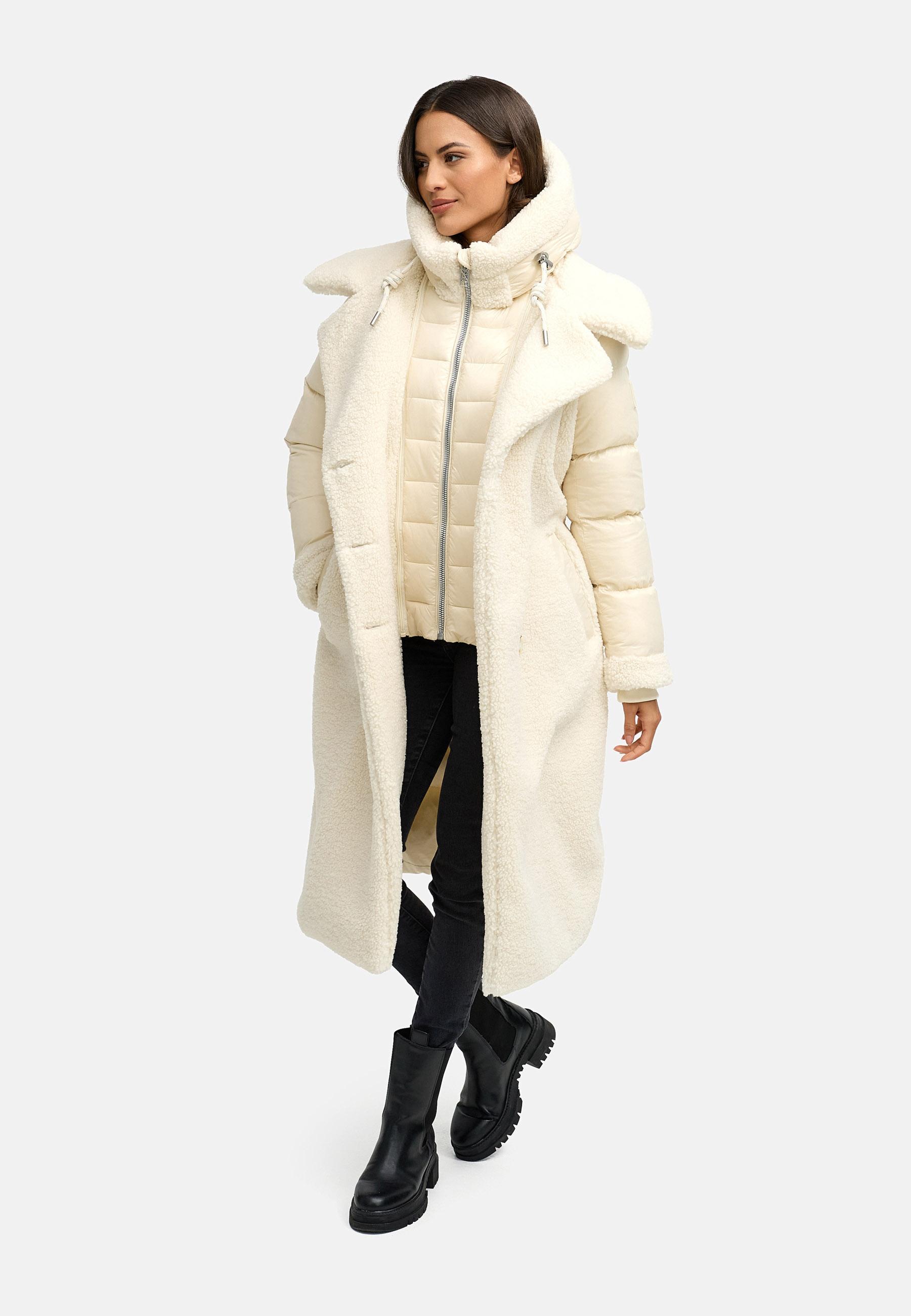 Warmer Materialmix-Mantel Plüschmantel "Kuscheltraum 14" Offwhite