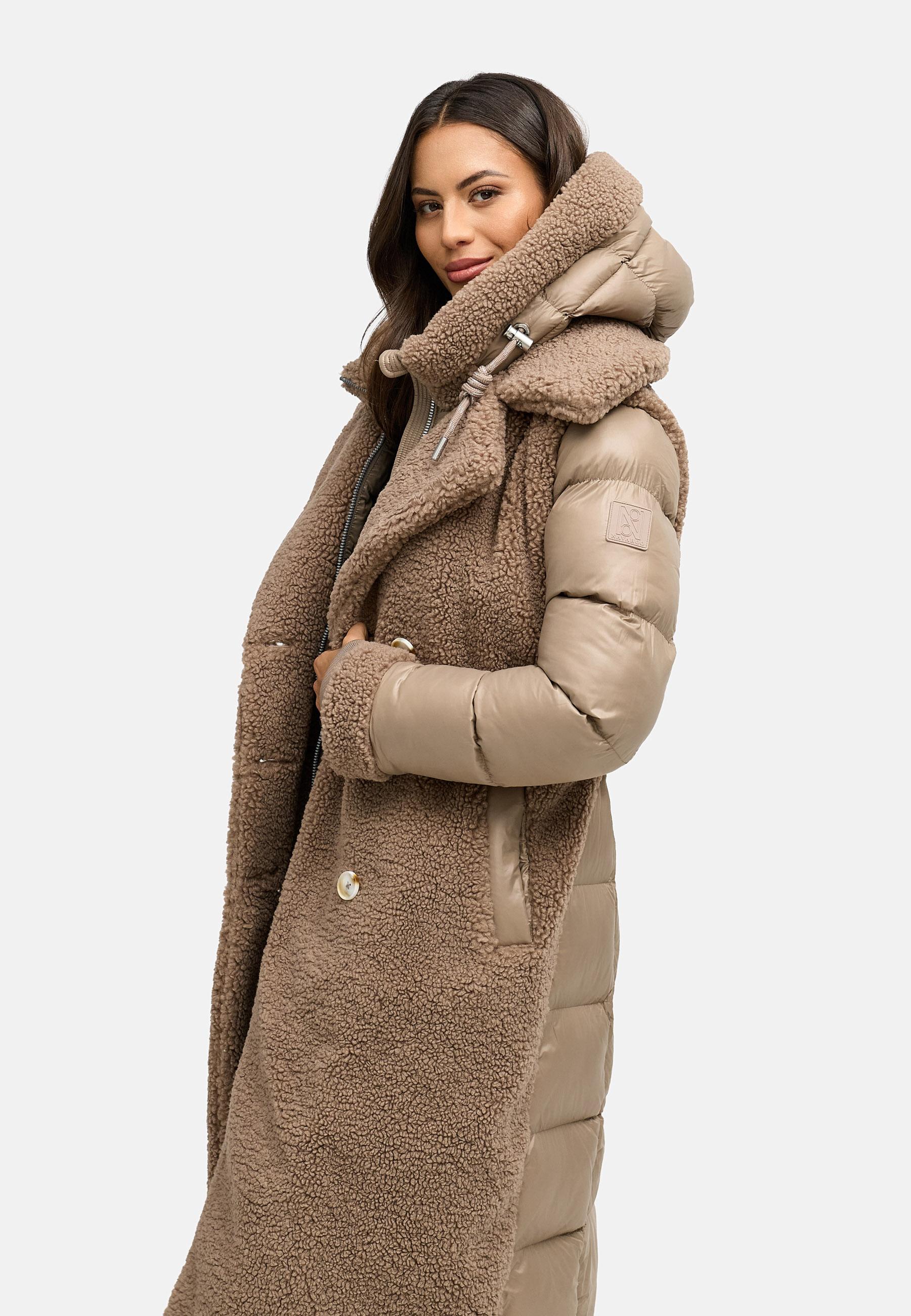 Warmer Materialmix-Mantel Plüschmantel "Kuscheltraum 14" Taupe Grey