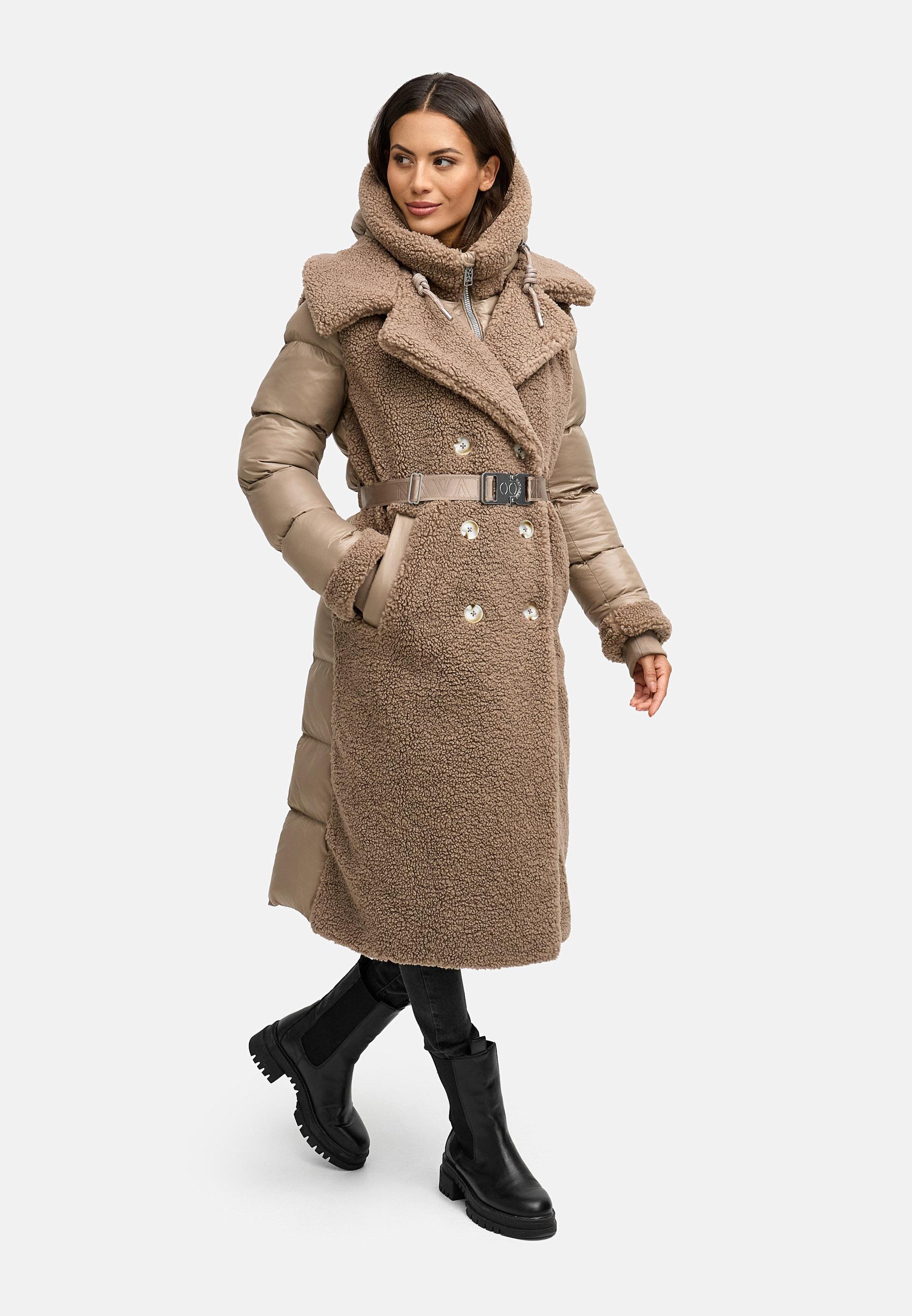 Warmer Materialmix-Mantel Plüschmantel "Kuscheltraum 14" Taupe Grey