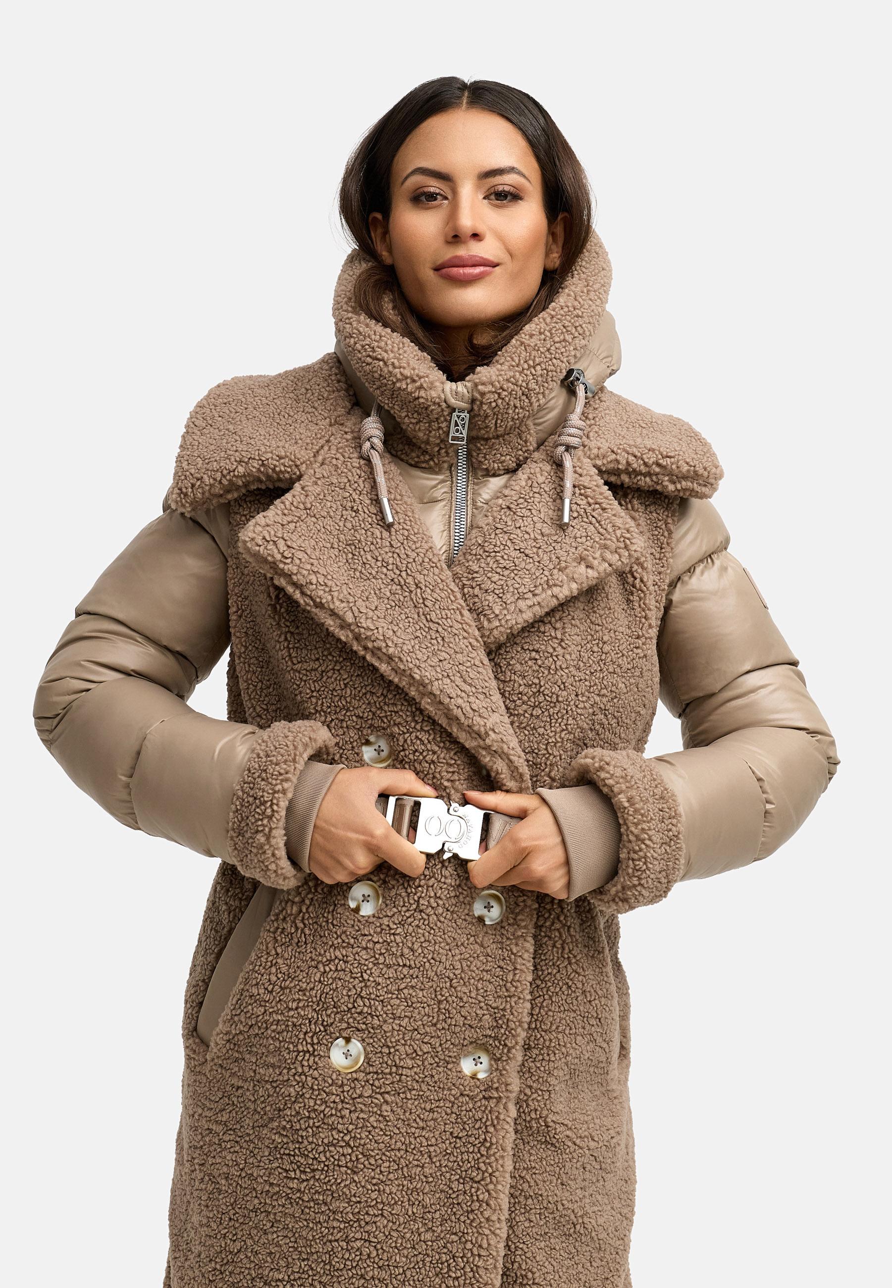 Warmer Materialmix-Mantel Plüschmantel "Kuscheltraum 14" Taupe Grey