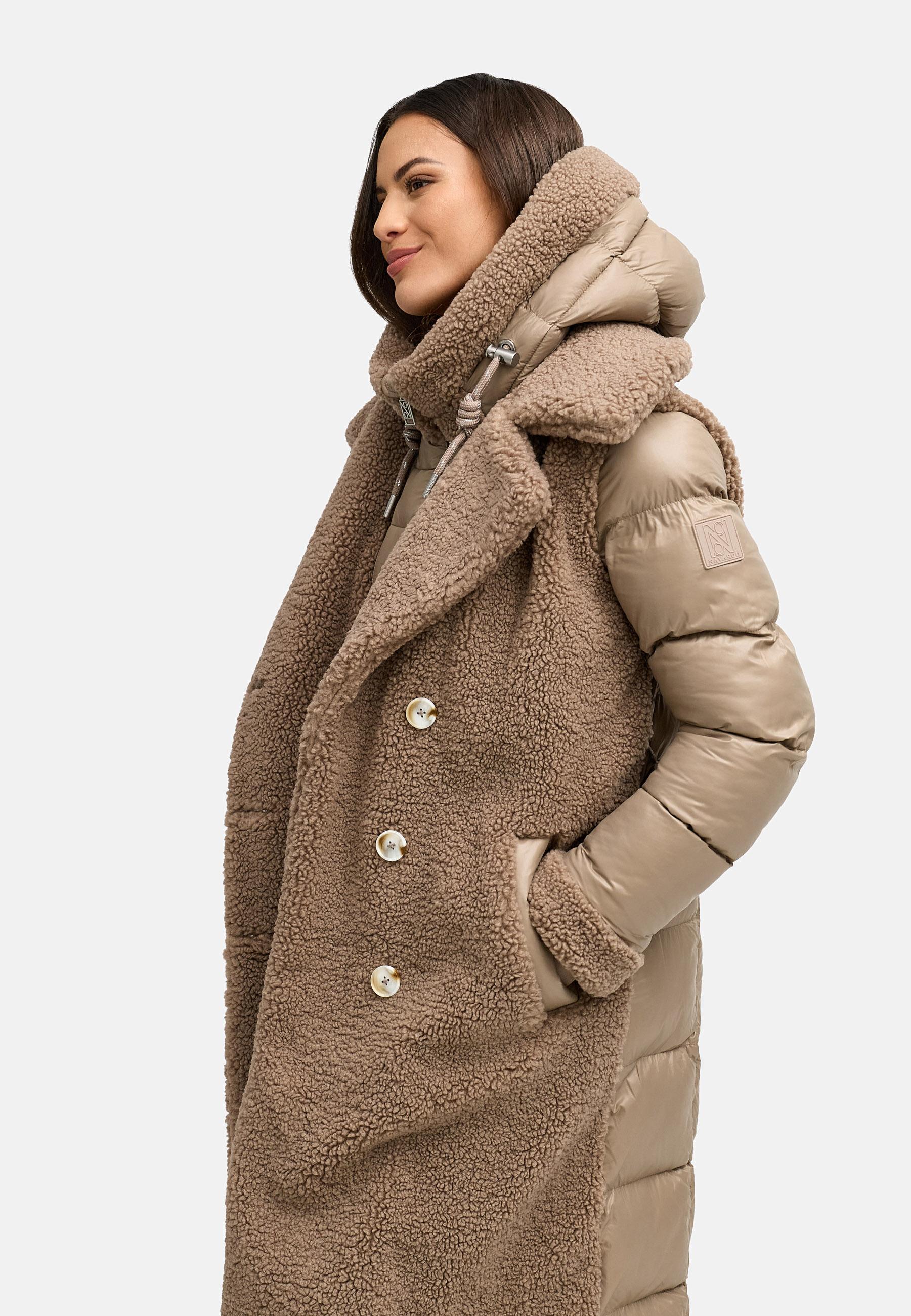 Warmer Materialmix-Mantel Plüschmantel "Kuscheltraum 14" Taupe Grey