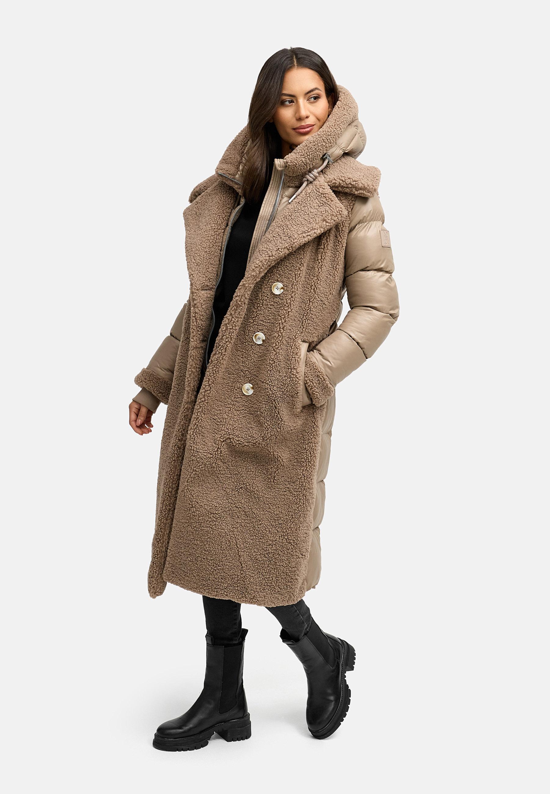 Warmer Materialmix-Mantel Plüschmantel "Kuscheltraum 14" Taupe Grey