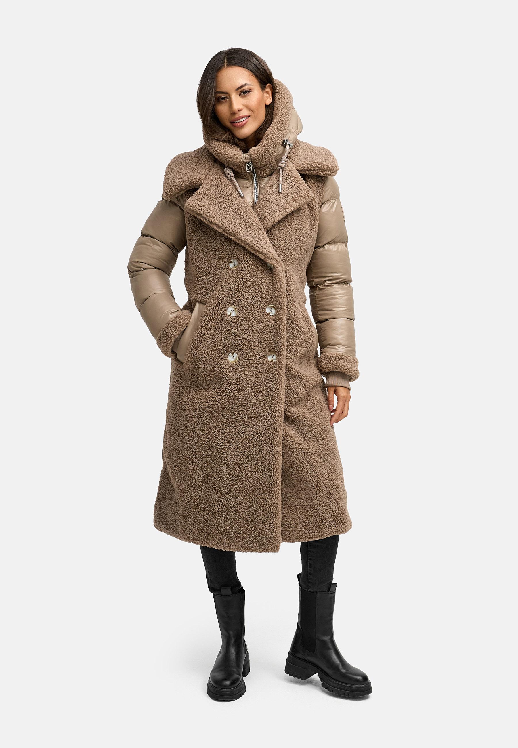 Warmer Materialmix-Mantel Plüschmantel "Kuscheltraum 14" Taupe Grey