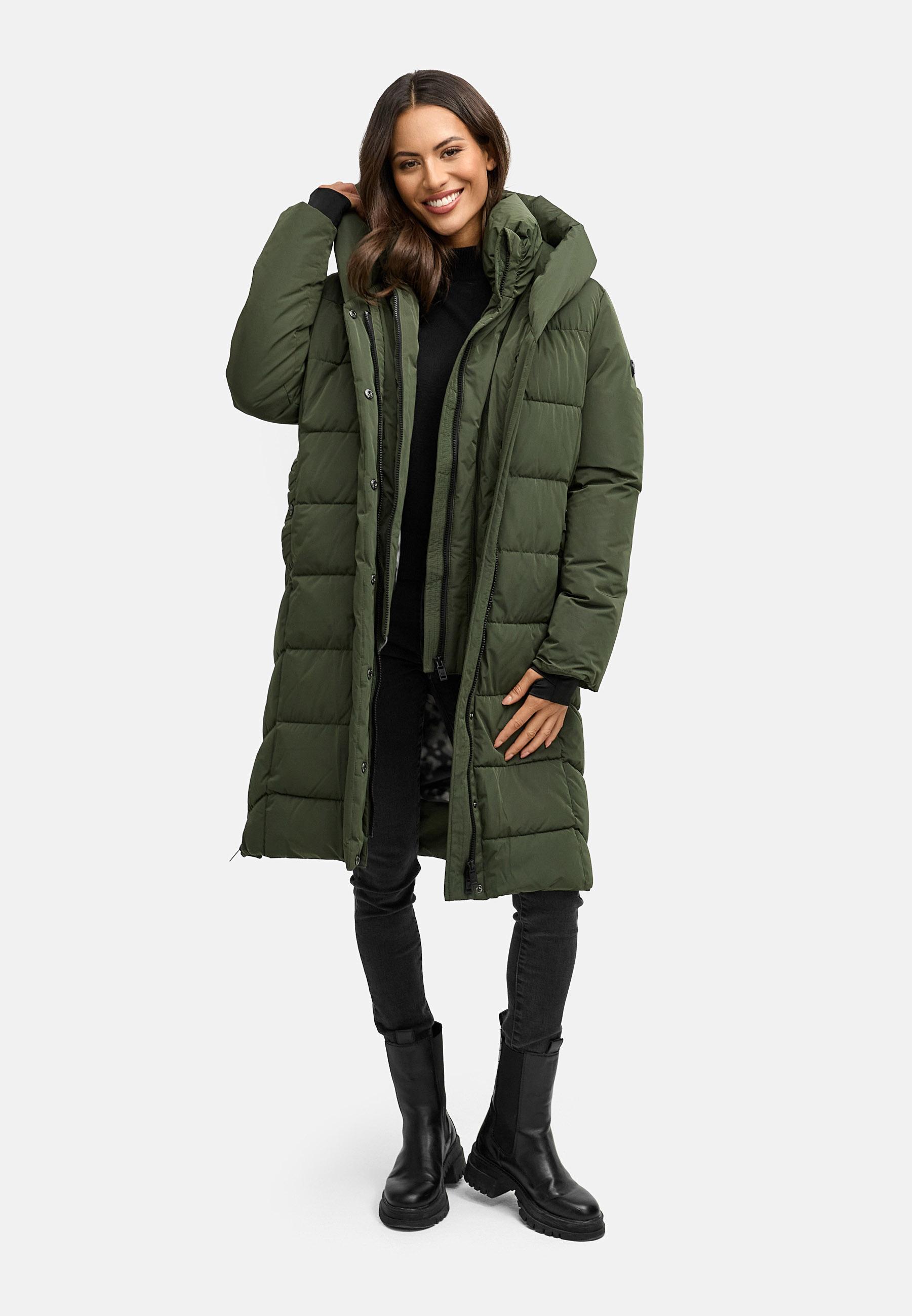 Warmer Steppmantel mit herausnehmbarem Kragen-Einsatz "Laubzauber 14" Dark Olive