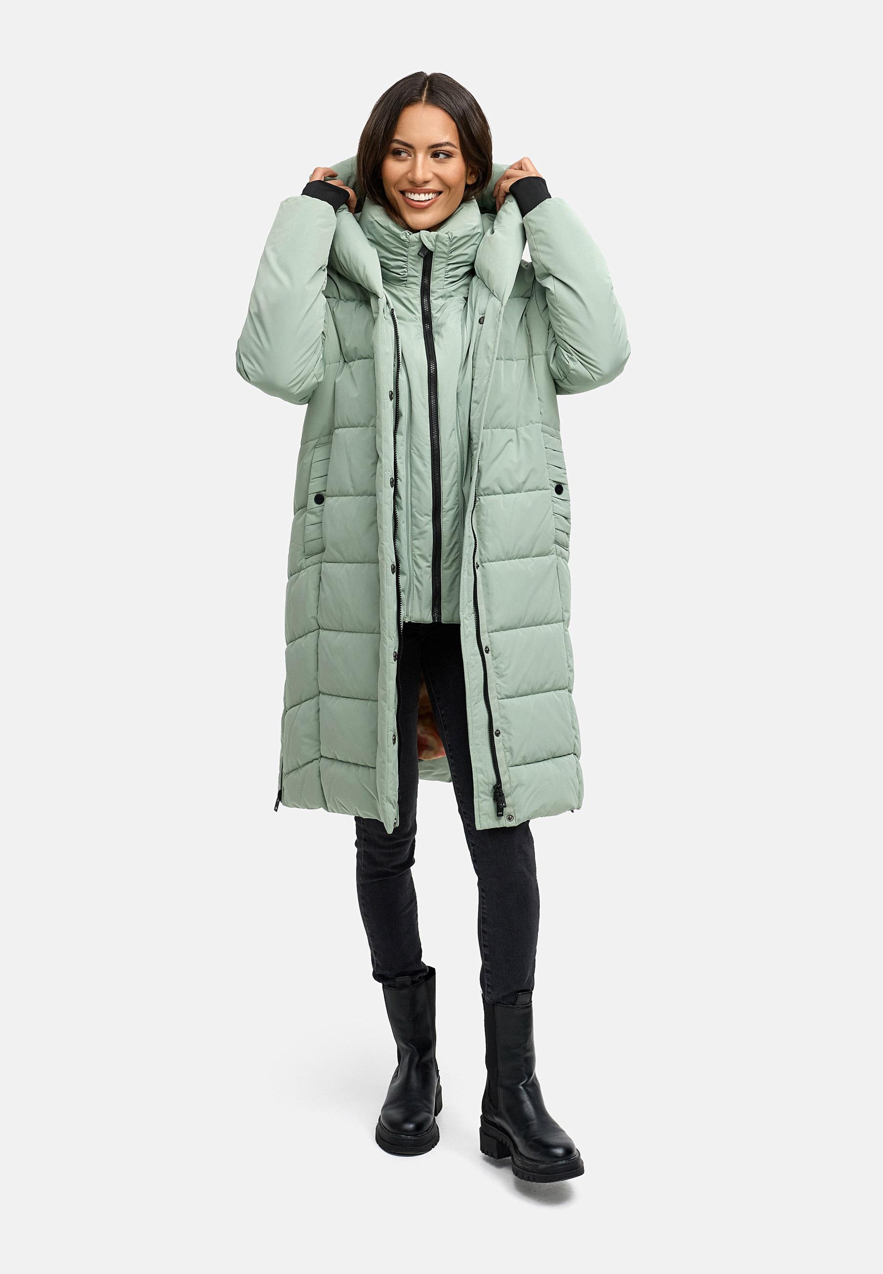 Warmer Steppmantel mit herausnehmbarem Kragen-Einsatz "Laubzauber 14" Smokey Mint