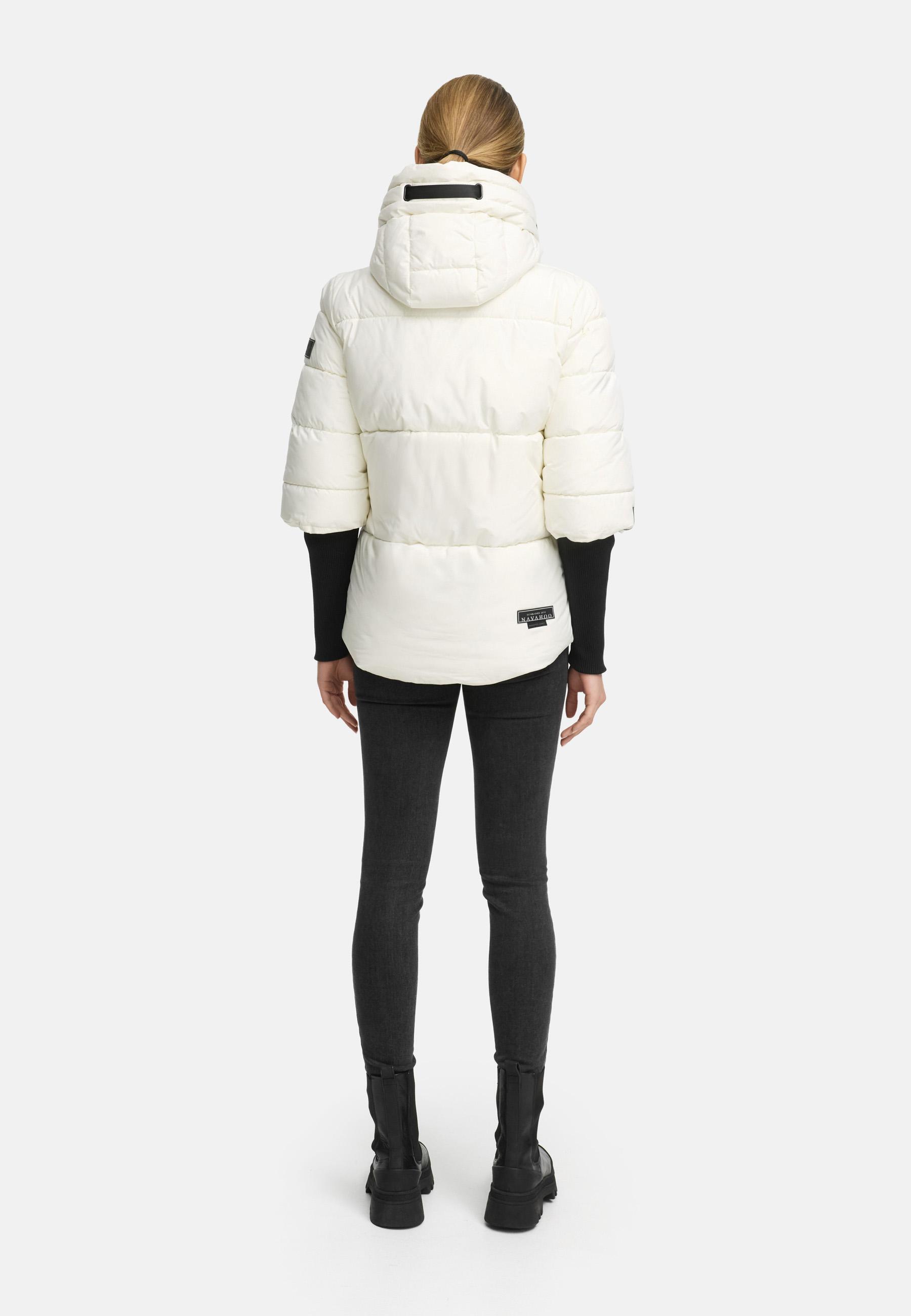Winter Steppjacke mit Rippstrickärmeln "Lotusherz XIV" Offwhite