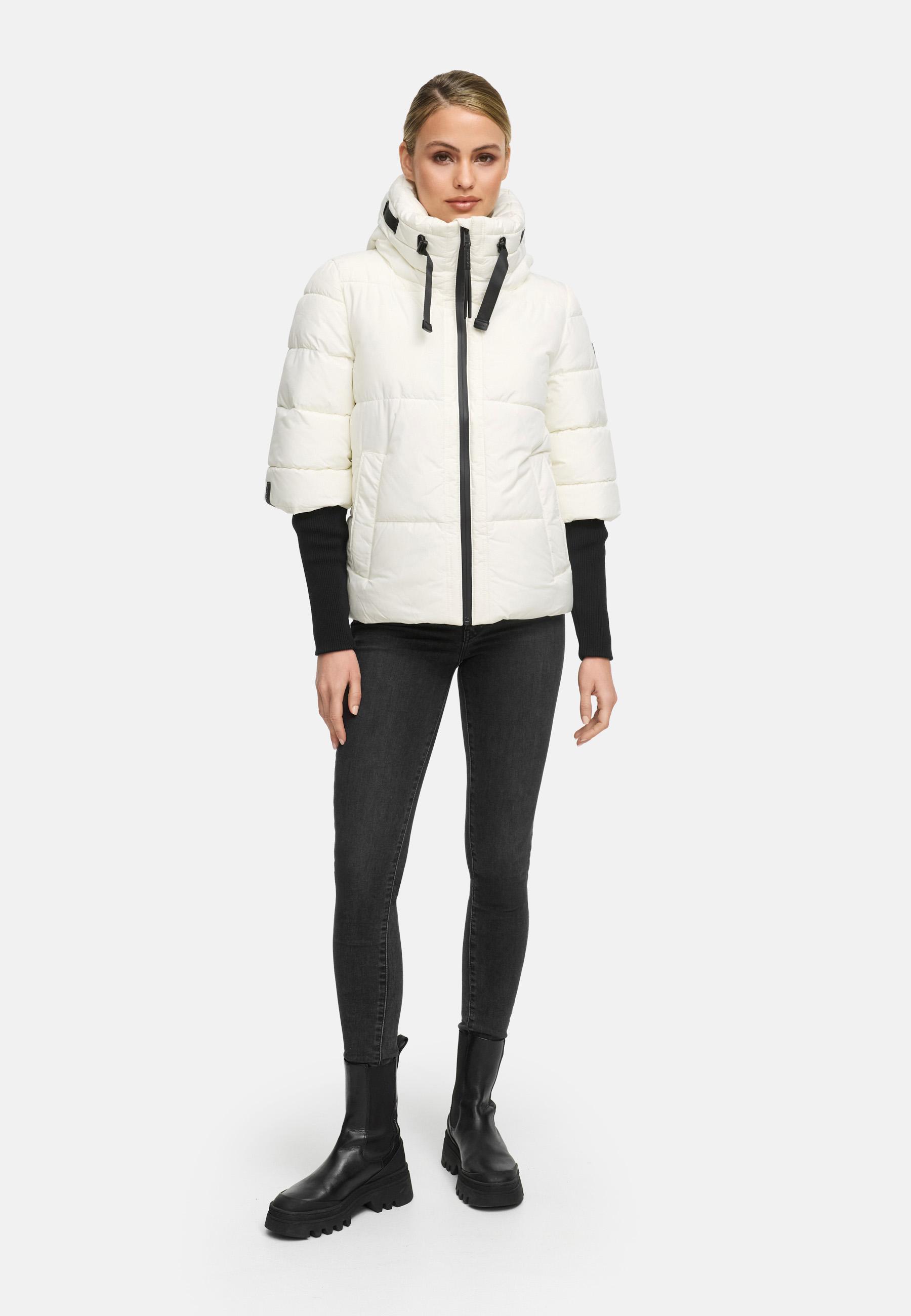 Winter Steppjacke mit Rippstrickärmeln "Lotusherz XIV" Offwhite