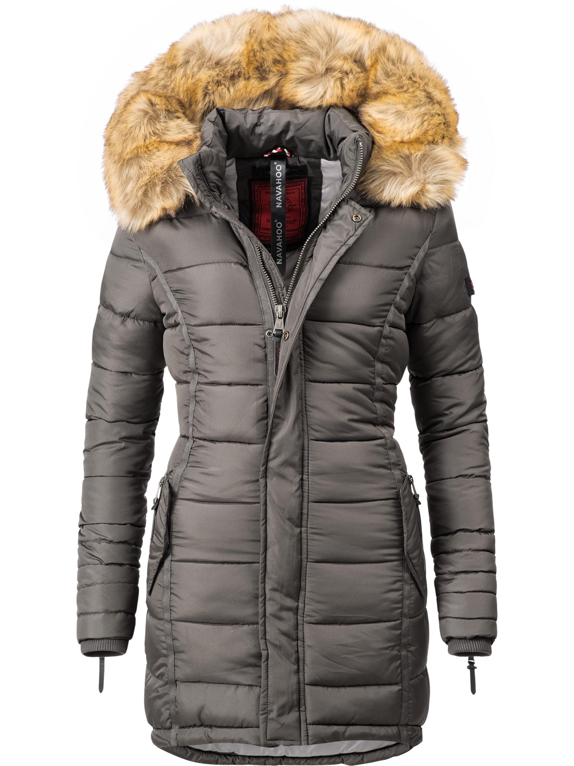 Langer Winter Steppmantel mit Kunstfellkapuze "Papaya" Anthrazit