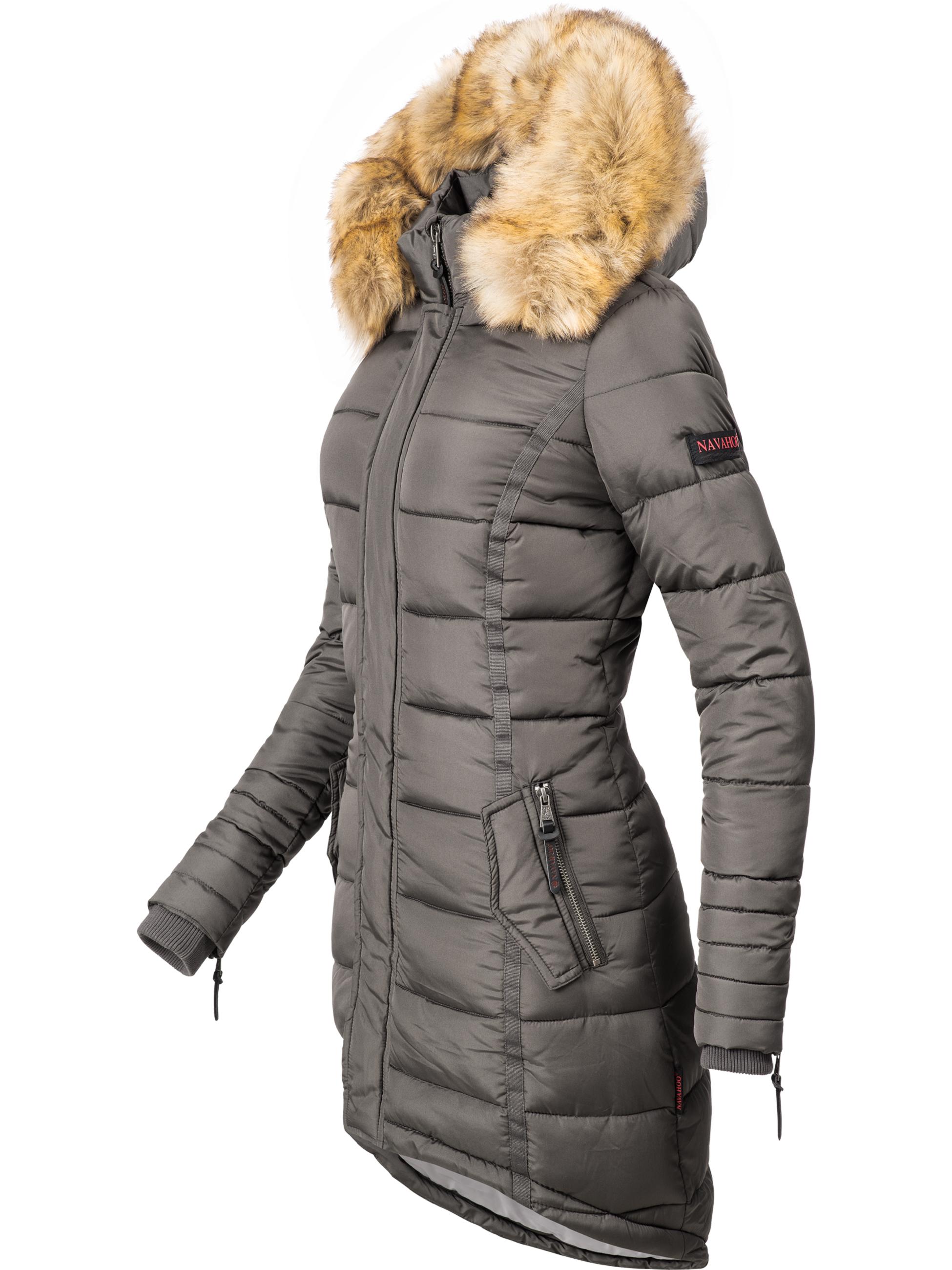 Langer Winter Steppmantel mit Kunstfellkapuze "Papaya" Anthrazit