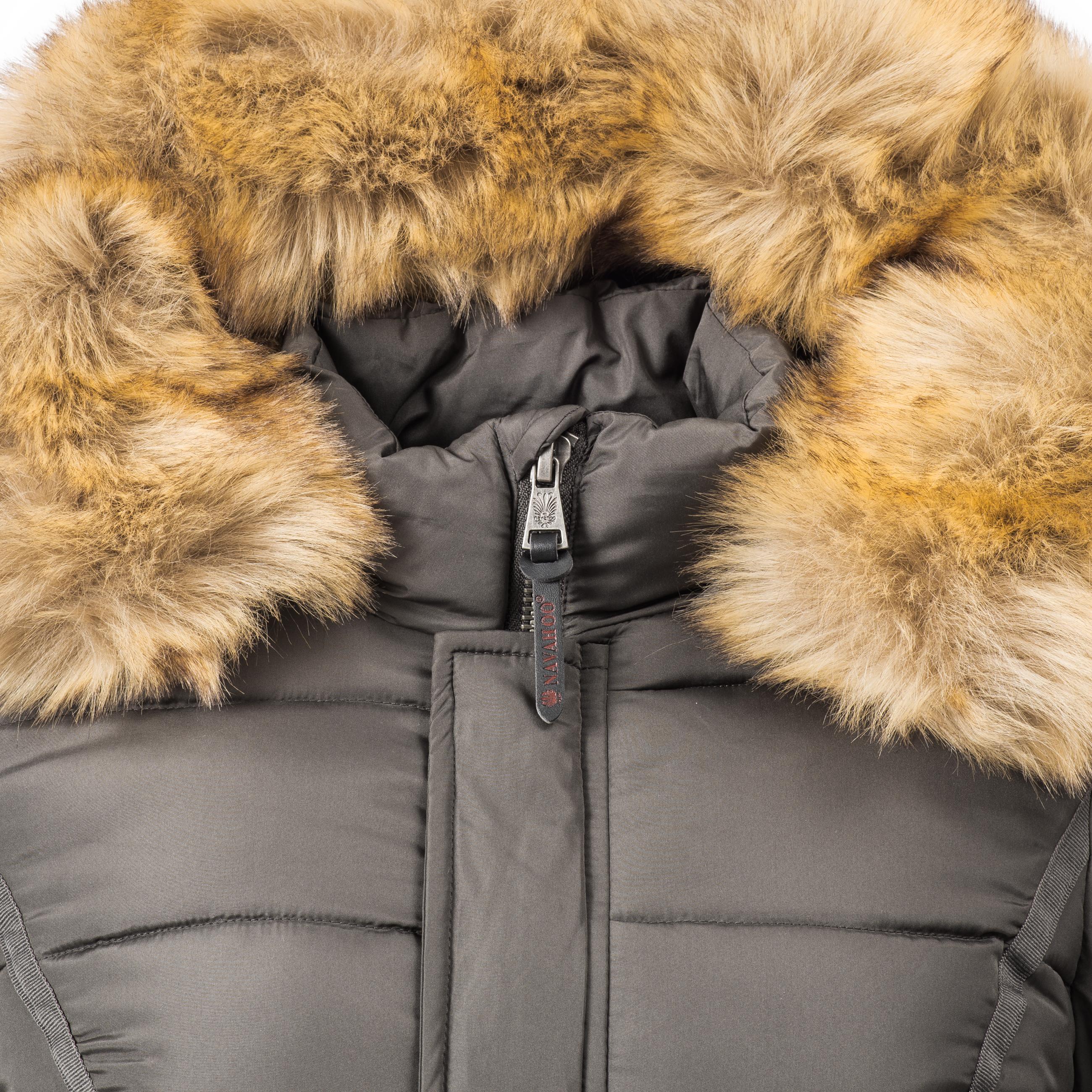 Langer Winter Steppmantel mit Kunstfellkapuze "Papaya" Anthrazit