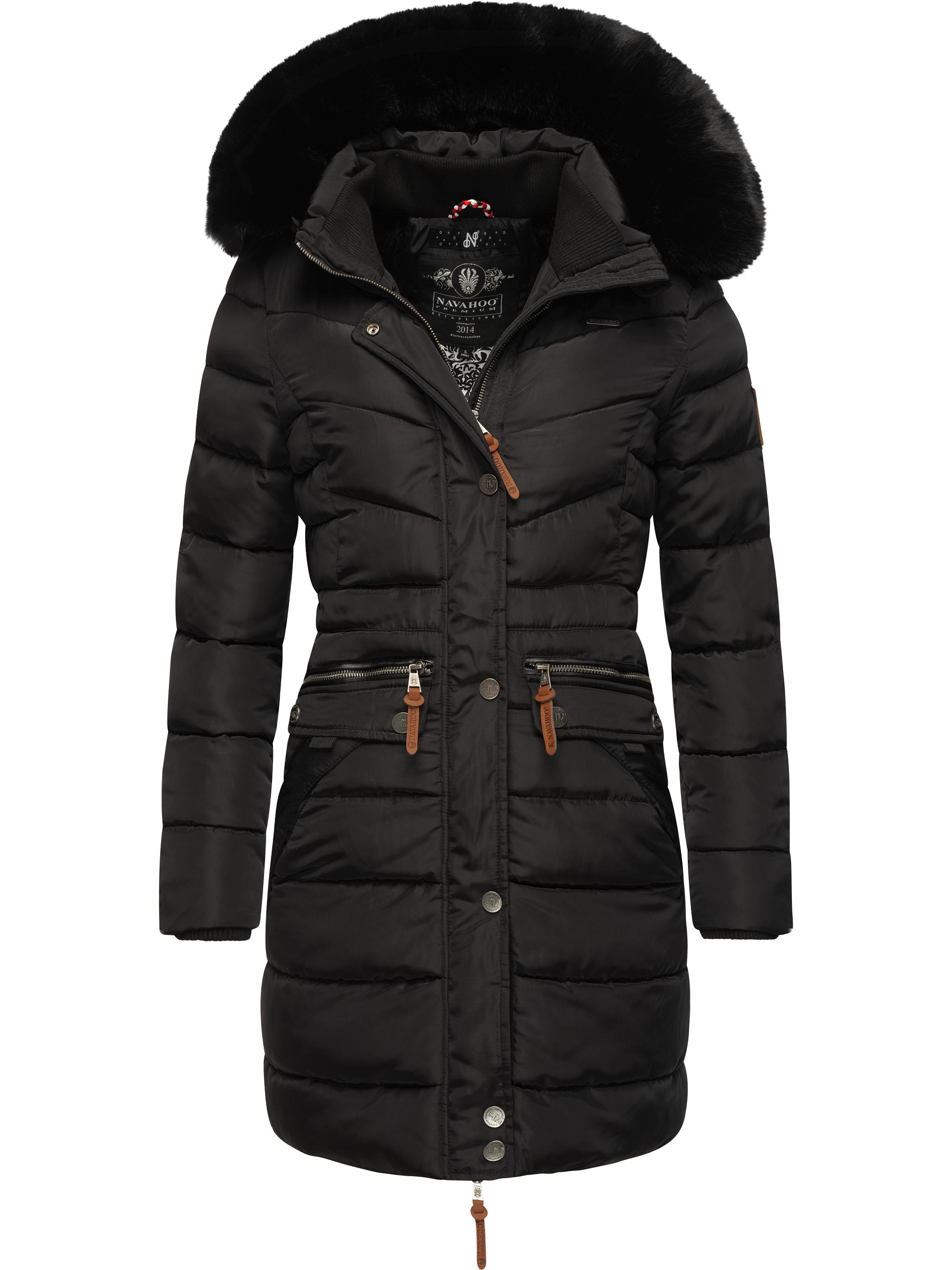 Langer Winter Steppmantel mit Kunstfellkapuze "Paula" Black with black fur