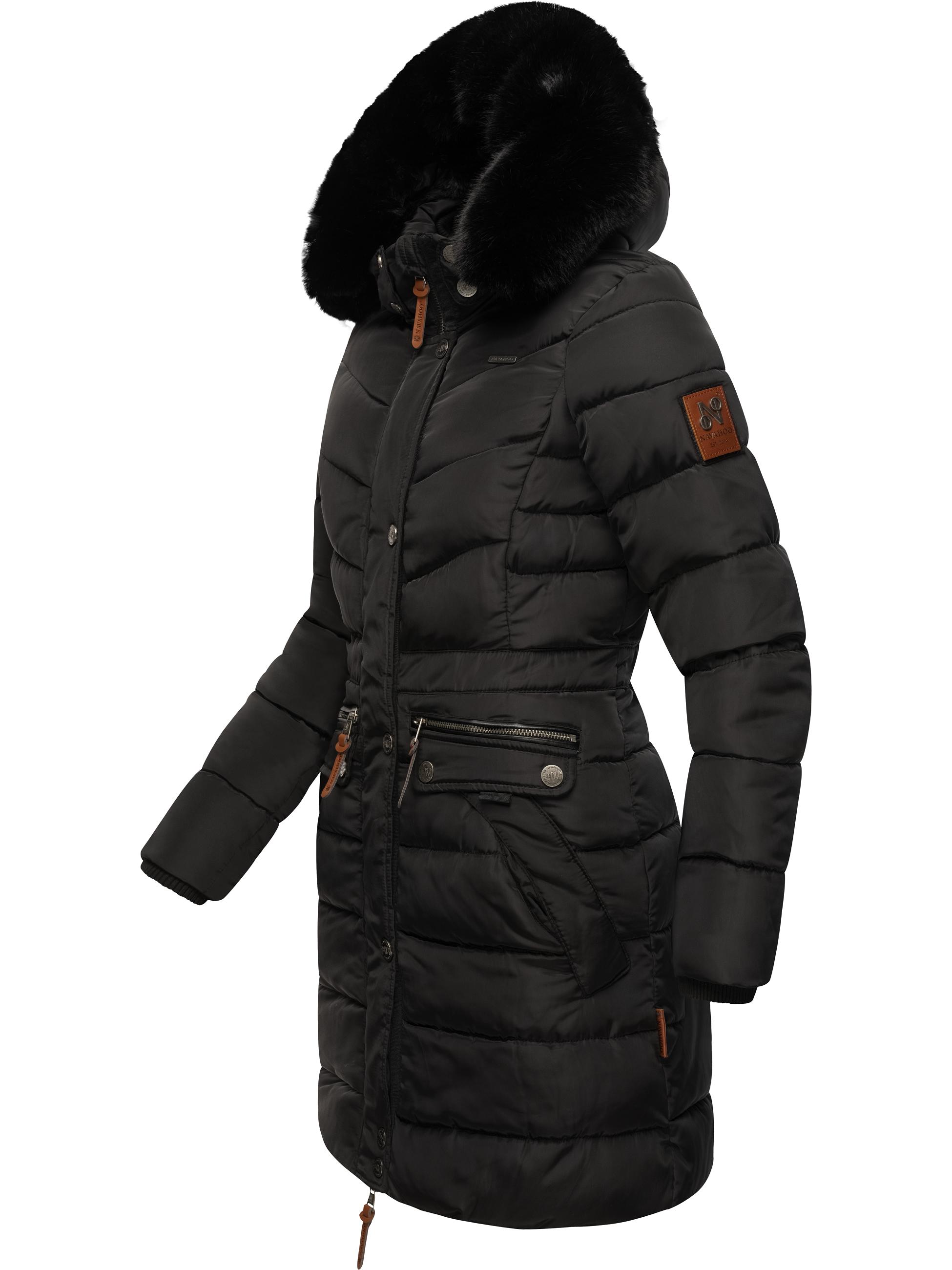 Langer Winter Steppmantel mit Kunstfellkapuze "Paula" Black with black fur