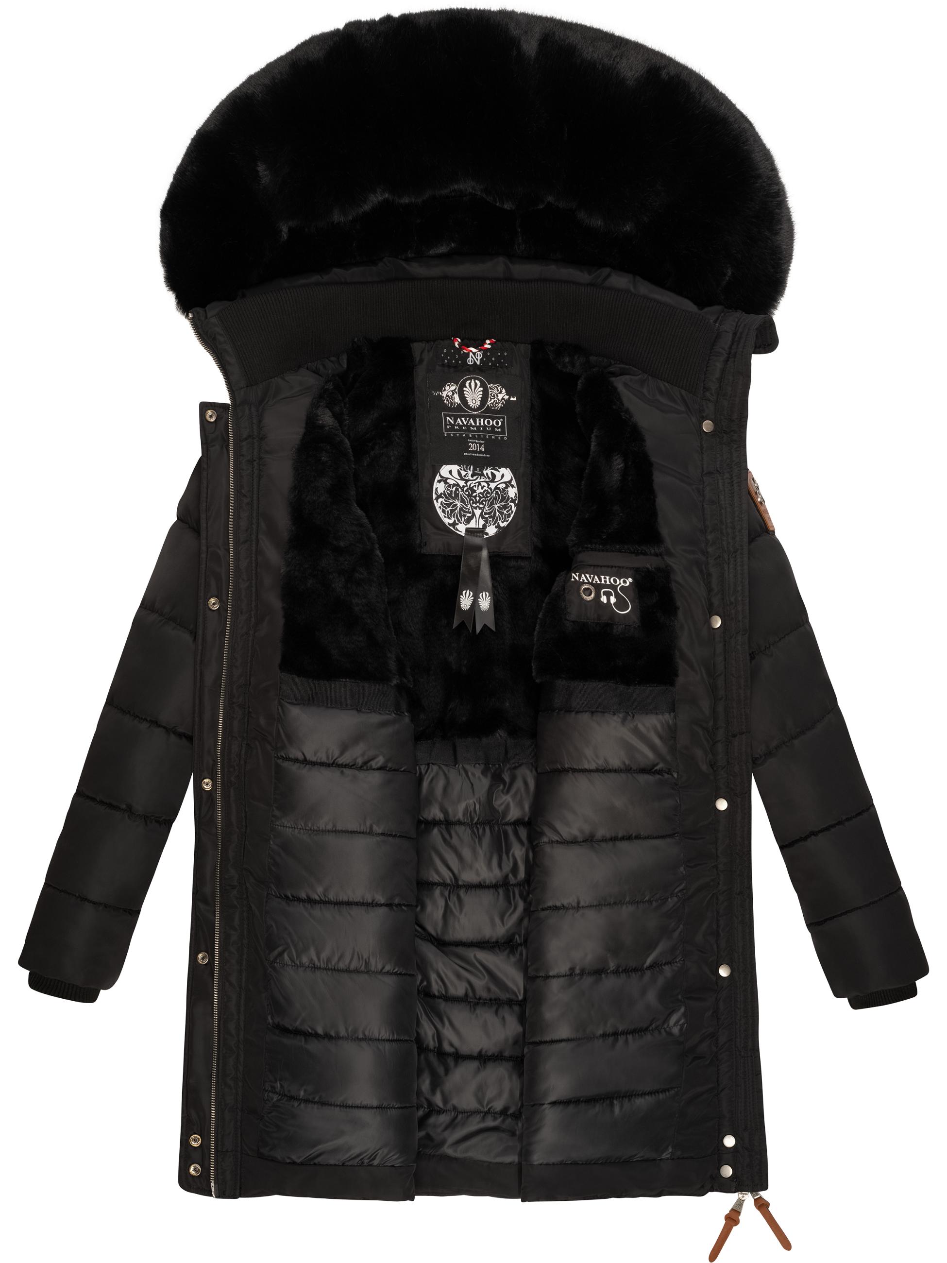 Langer Winter Steppmantel mit Kunstfellkapuze "Paula" Black with black fur