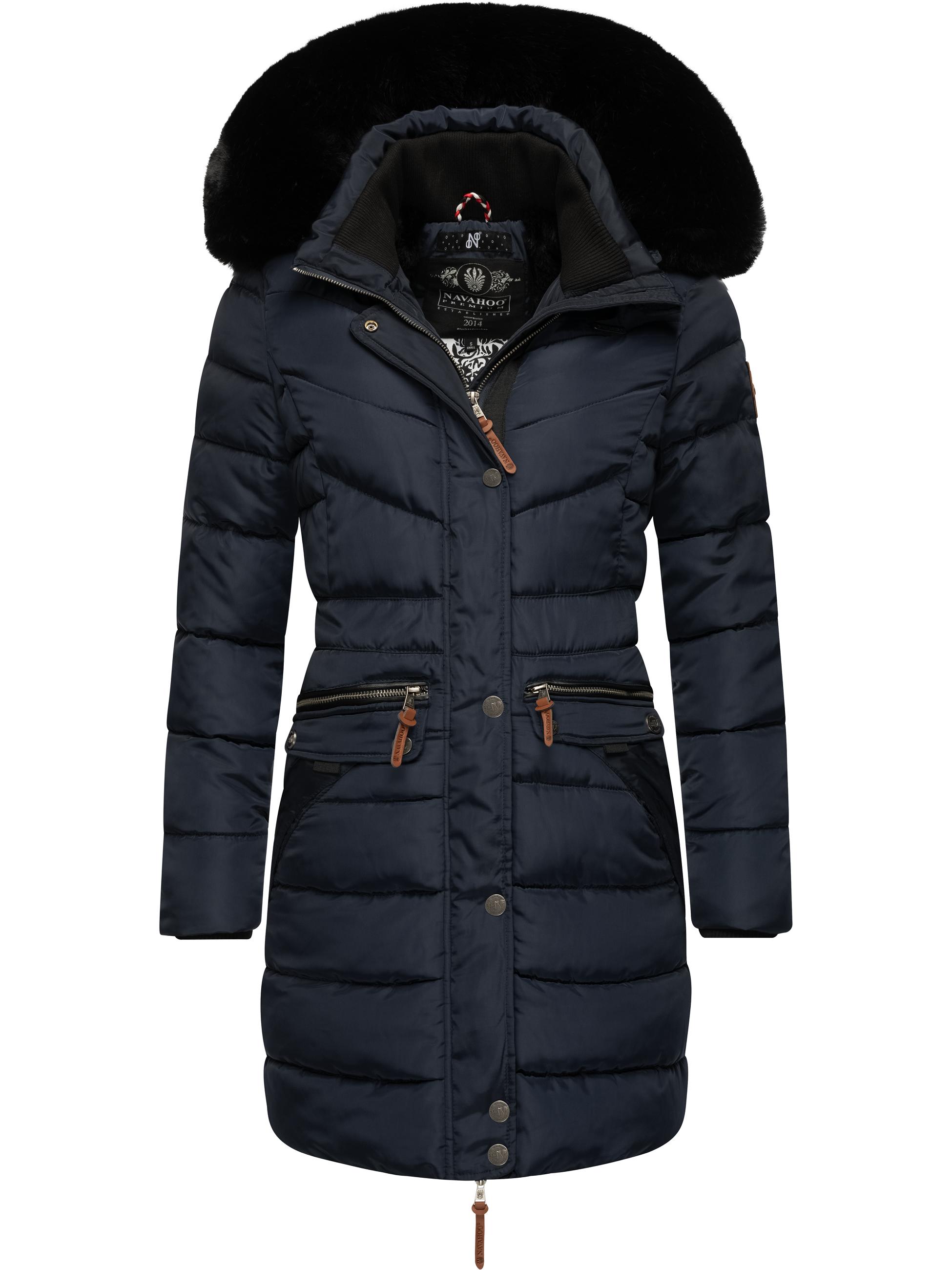 Langer Winter Steppmantel mit Kunstfellkapuze "Paula" Blue w. BF