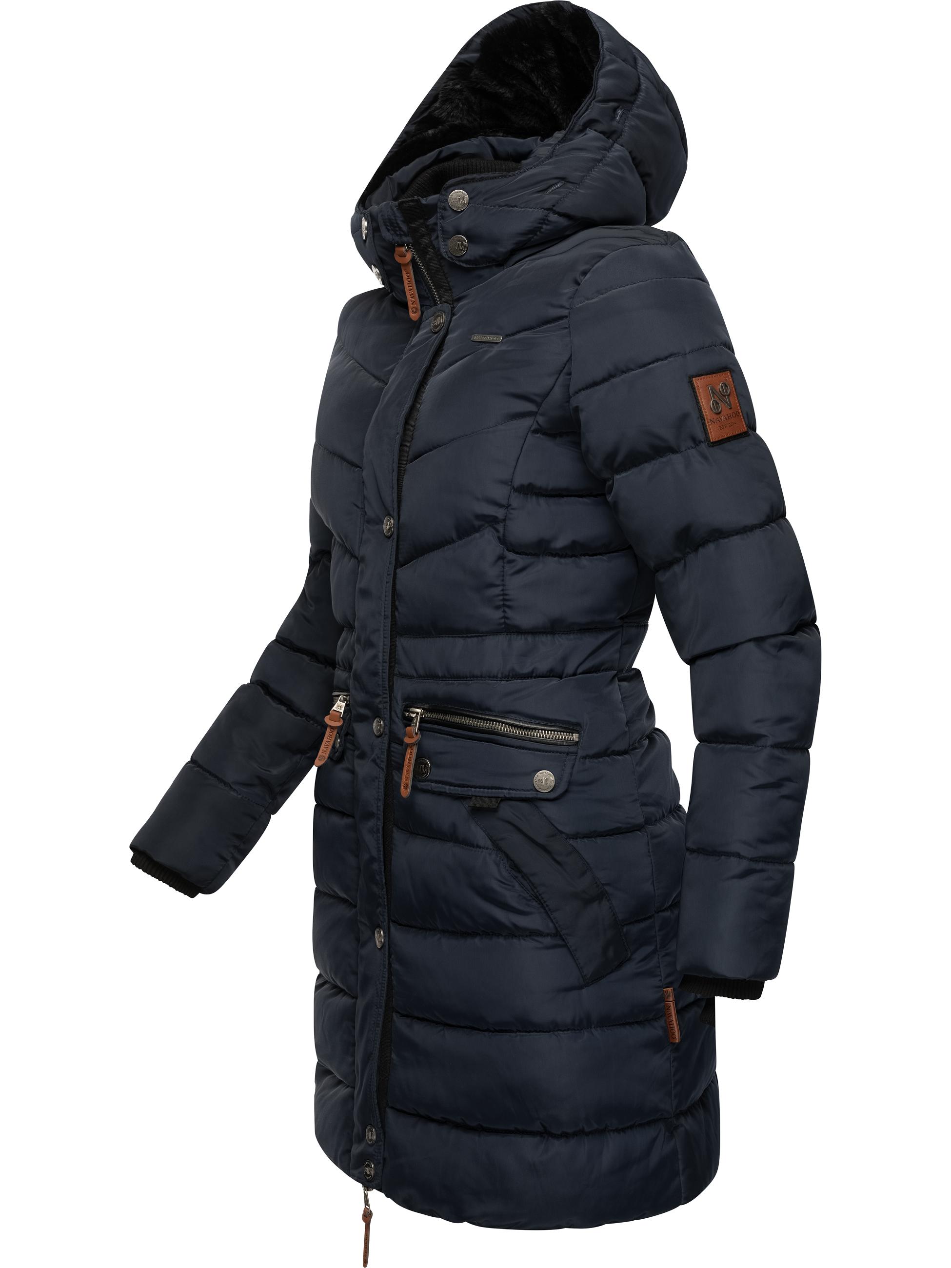 Langer Winter Steppmantel mit Kunstfellkapuze "Paula" Blue w. BF