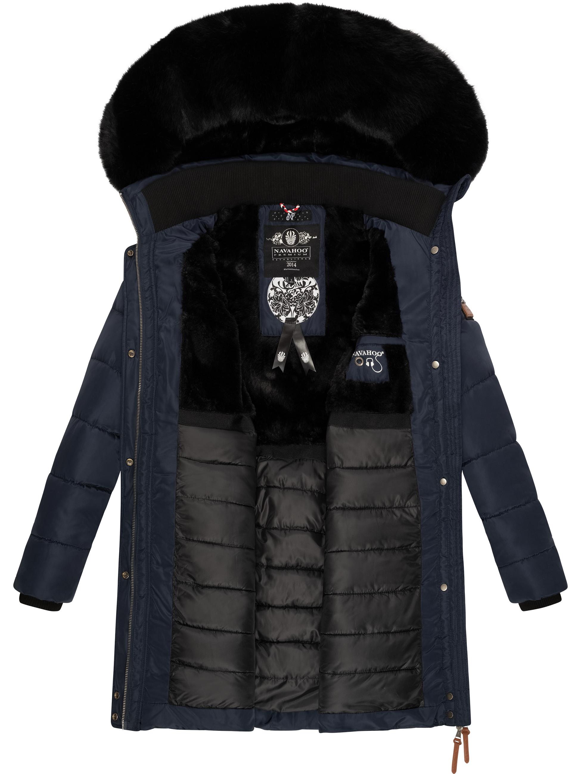 Langer Winter Steppmantel mit Kunstfellkapuze "Paula" Blue w. BF