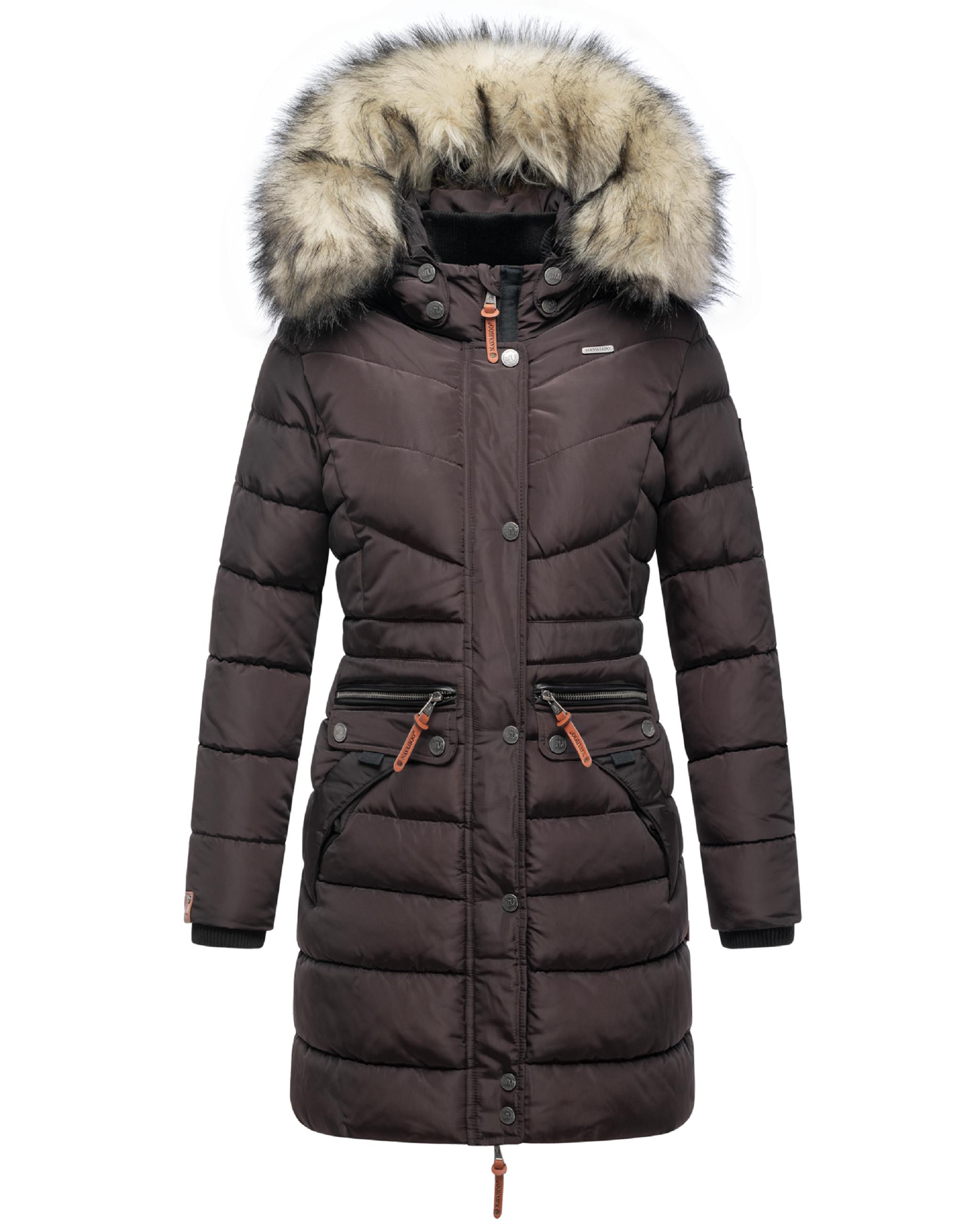 Langer Winter Steppmantel mit Kunstfellkapuze "Paula" Choco
