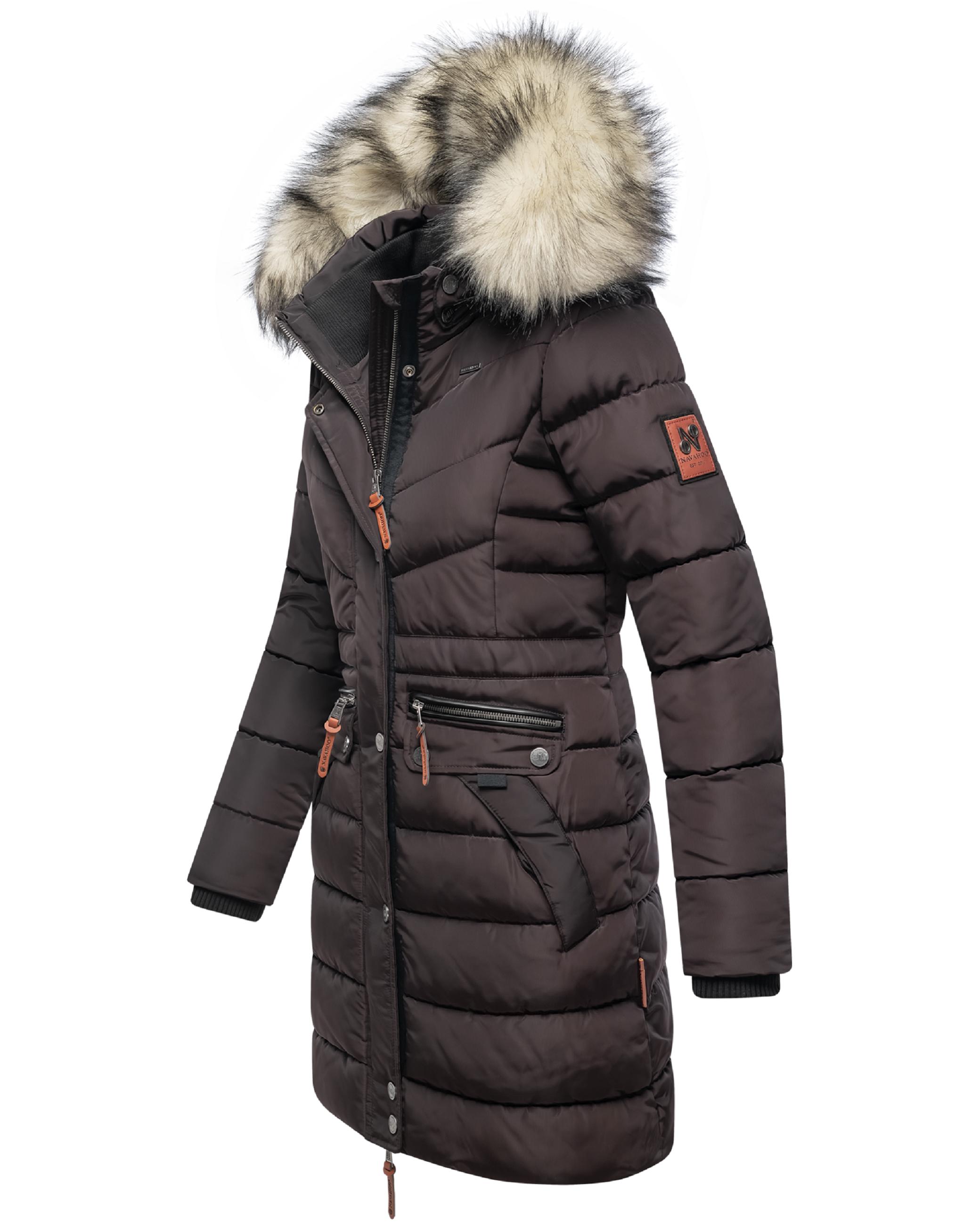 Langer Winter Steppmantel mit Kunstfellkapuze "Paula" Choco