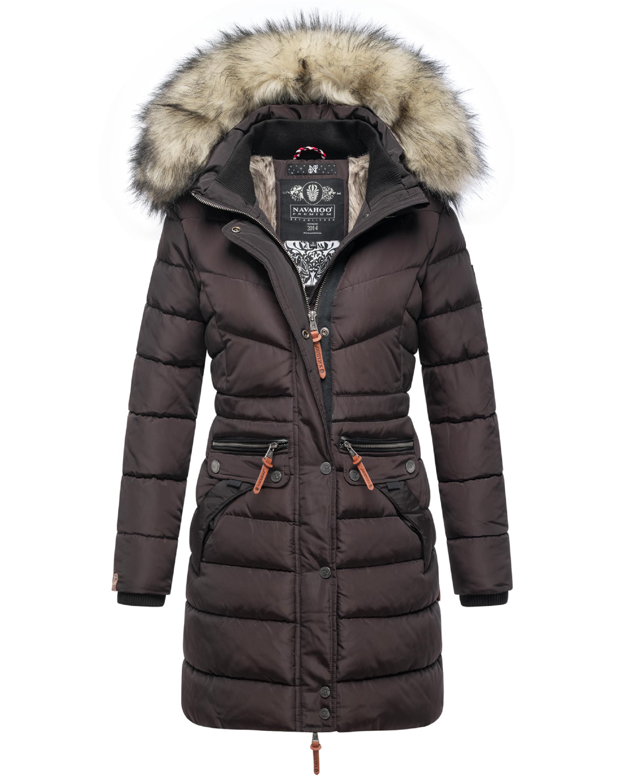 Langer Winter Steppmantel mit Kunstfellkapuze "Paula" Choco