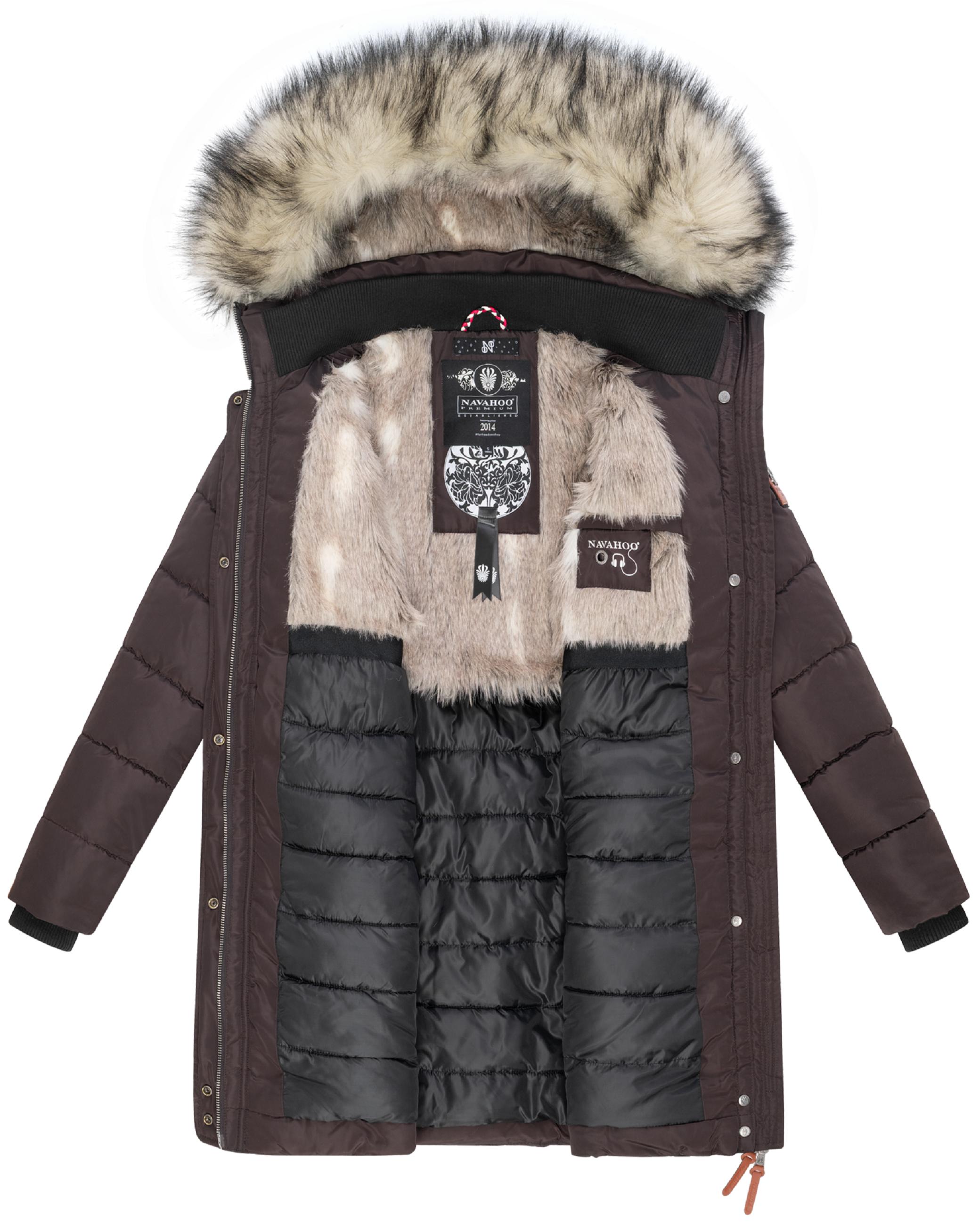Langer Winter Steppmantel mit Kunstfellkapuze "Paula" Choco