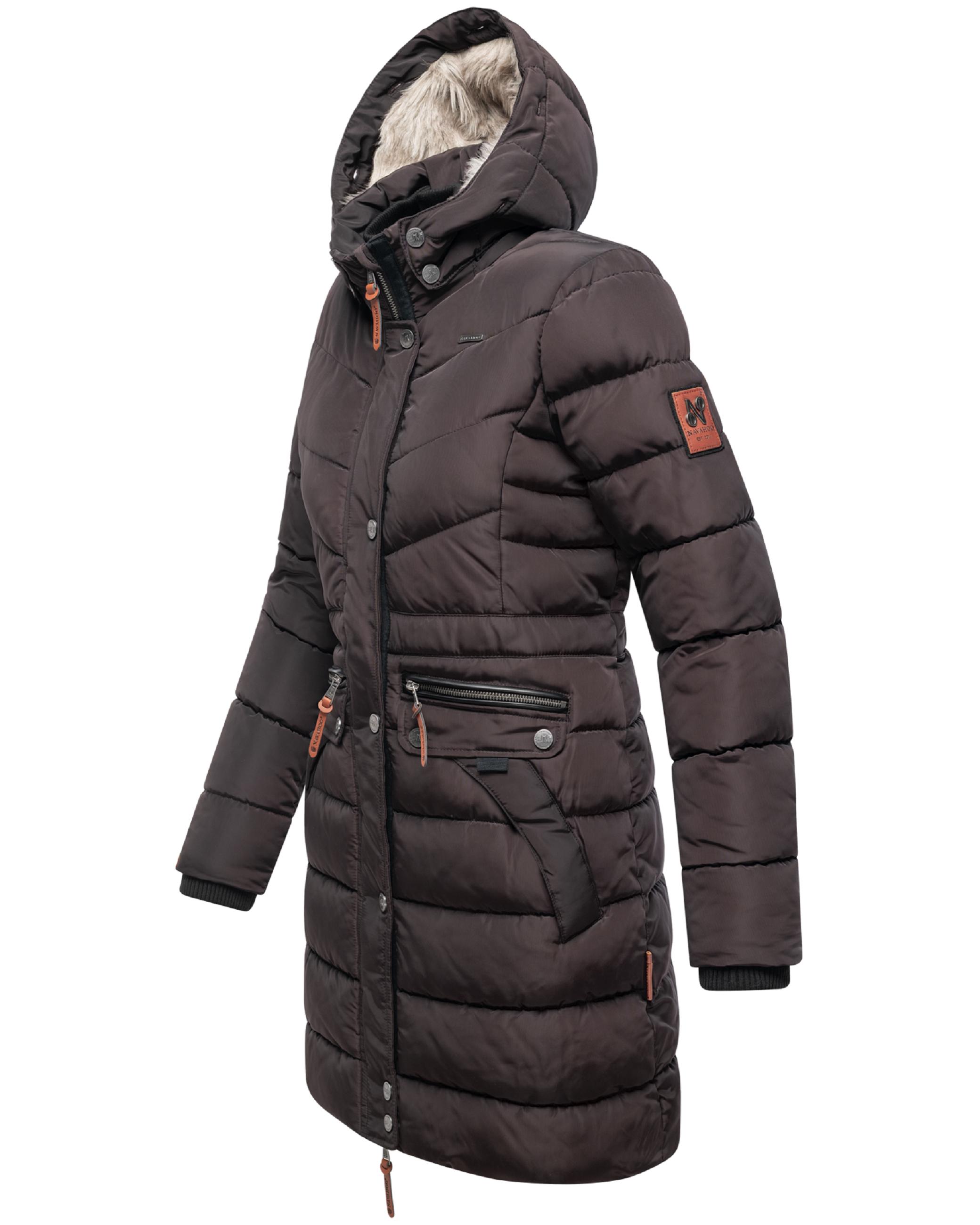 Langer Winter Steppmantel mit Kunstfellkapuze "Paula" Choco