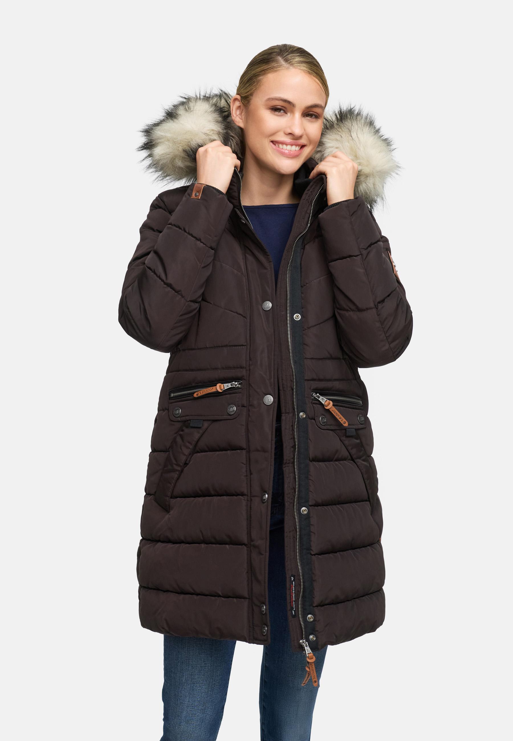Langer Winter Steppmantel mit Kunstfellkapuze "Paula" Choco