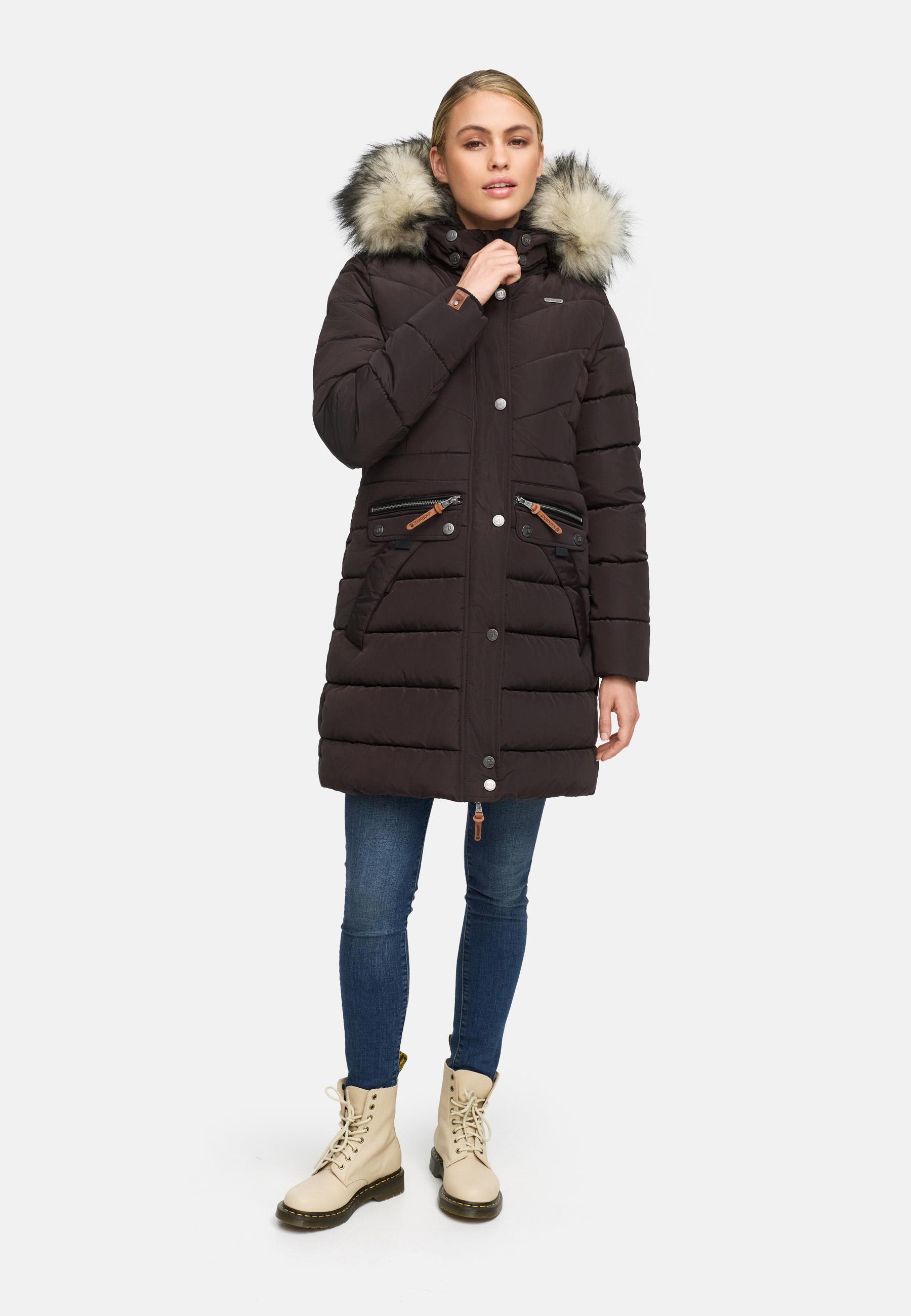 Langer Winter Steppmantel mit Kunstfellkapuze "Paula" Choco