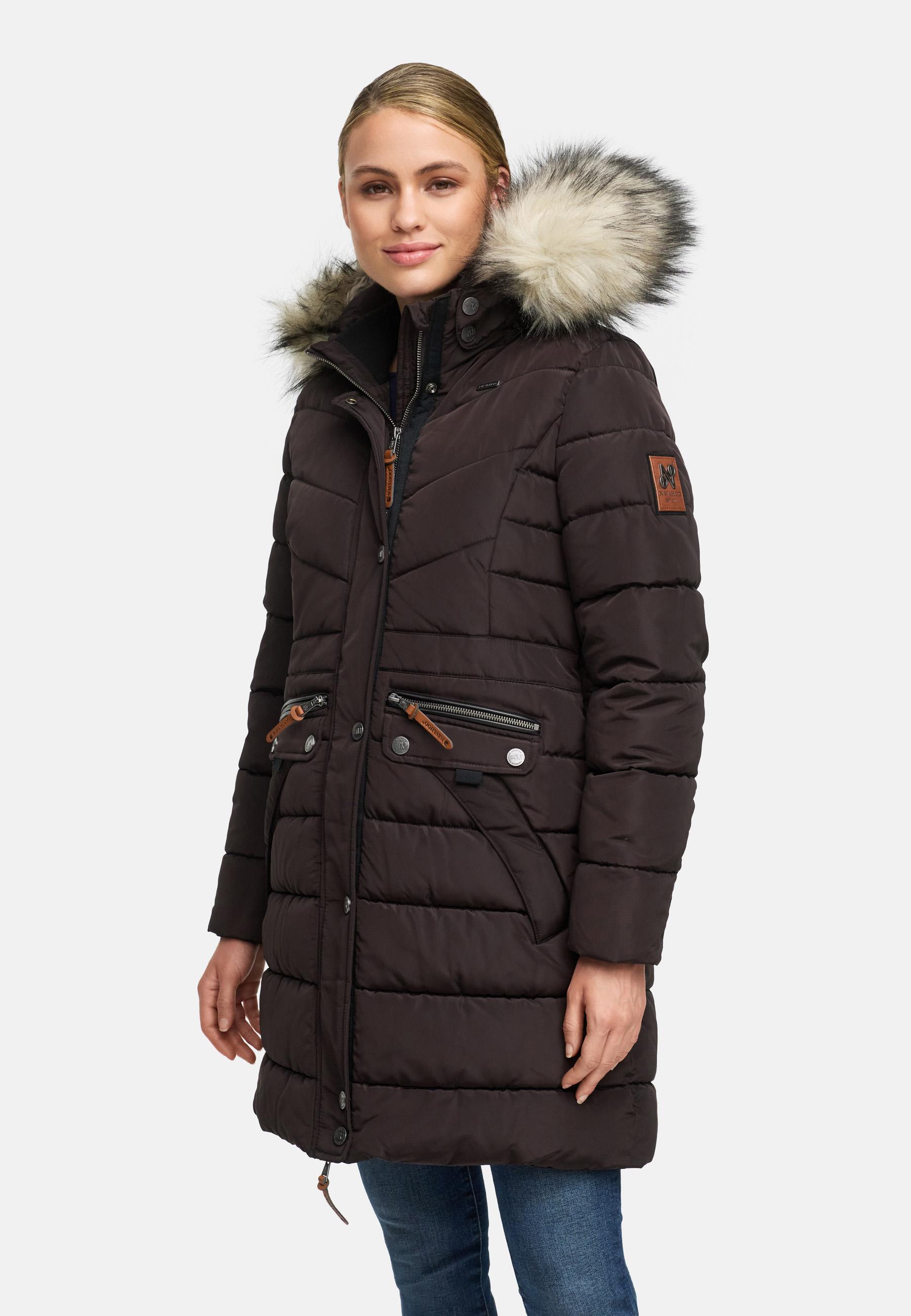 Langer Winter Steppmantel mit Kunstfellkapuze "Paula" Choco