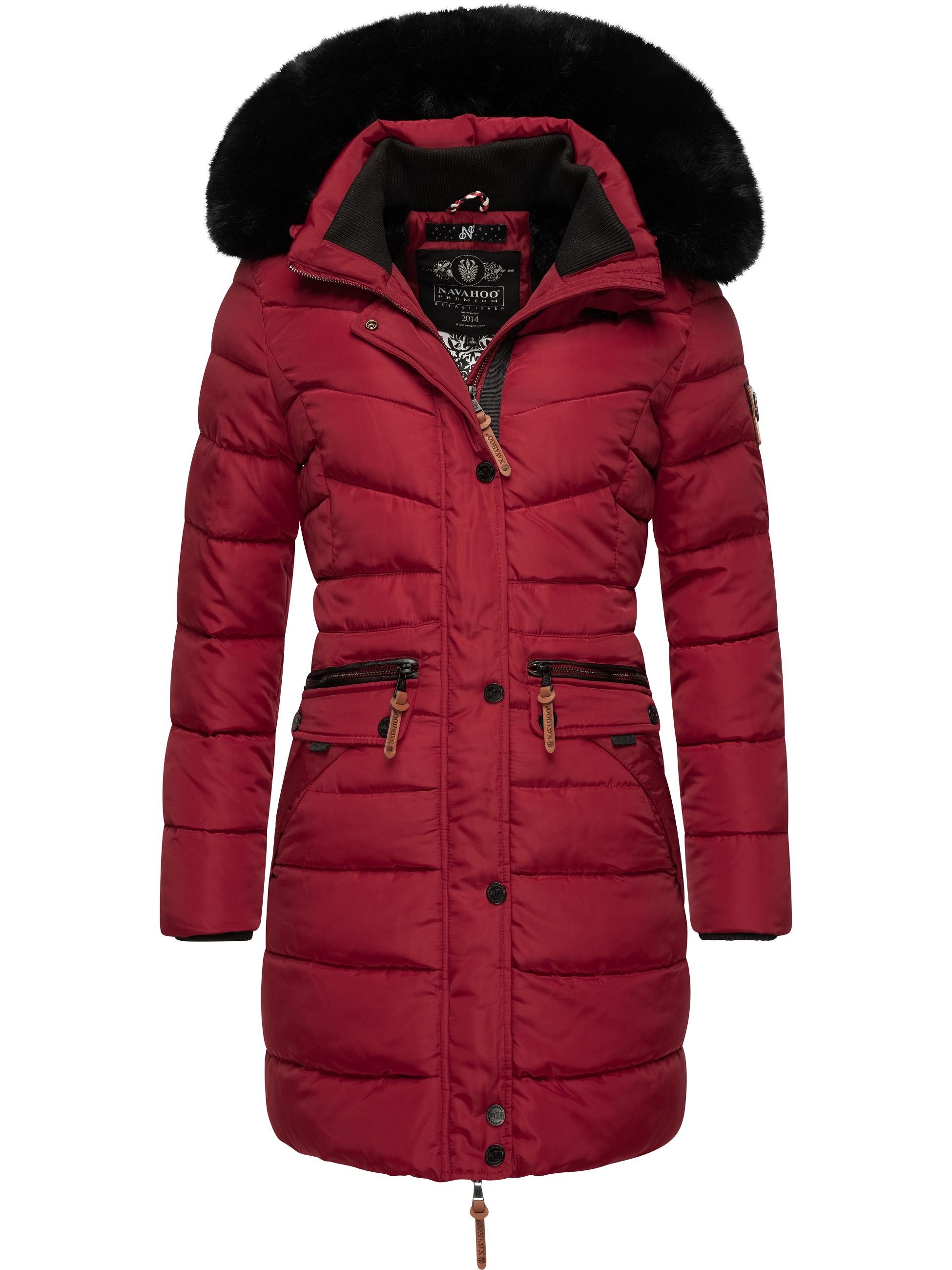 Langer Winter Steppmantel mit Kunstfellkapuze "Paula" Dark Red with black fur