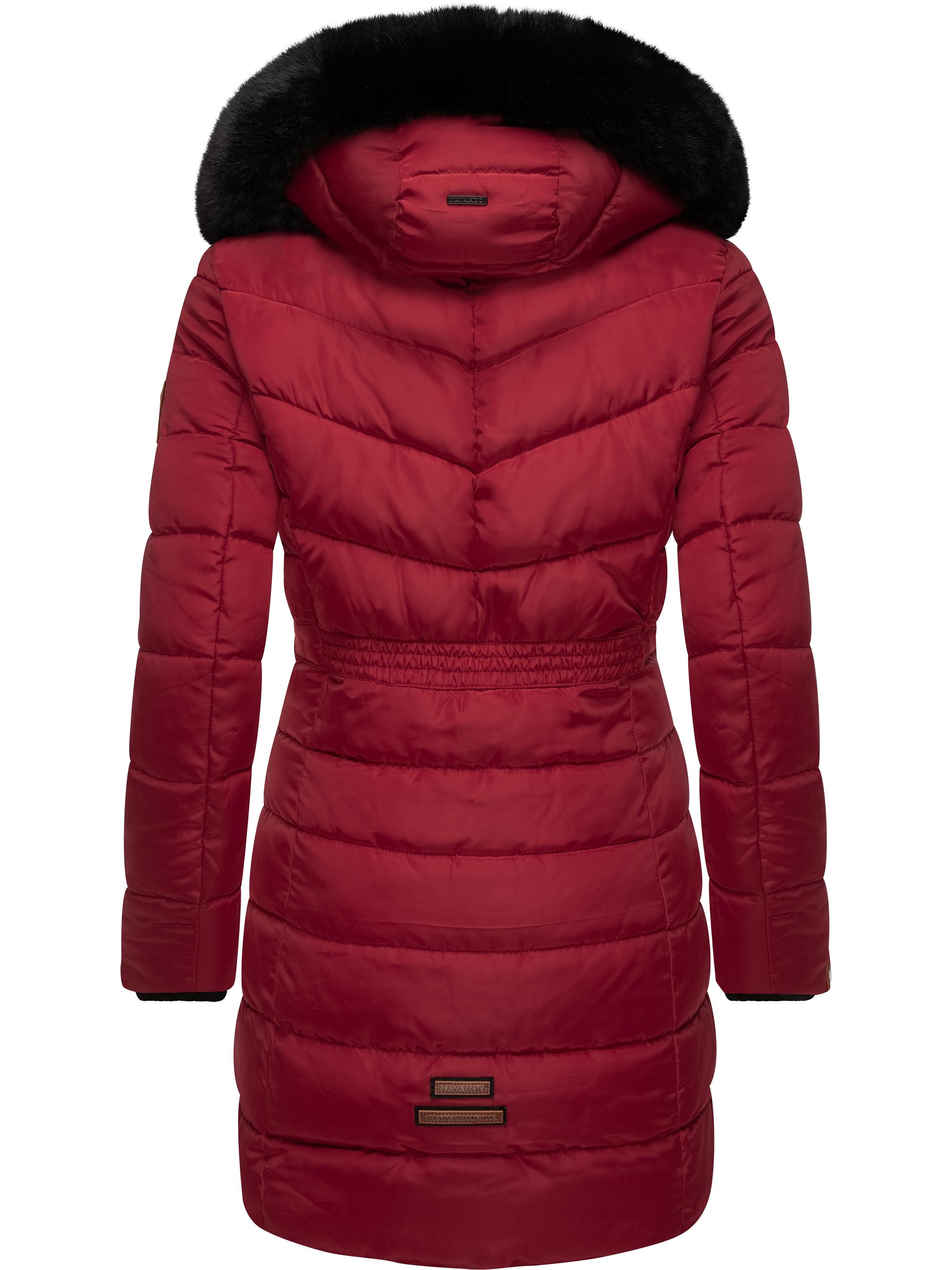 Langer Winter Steppmantel mit Kunstfellkapuze "Paula" Dark Red with black fur